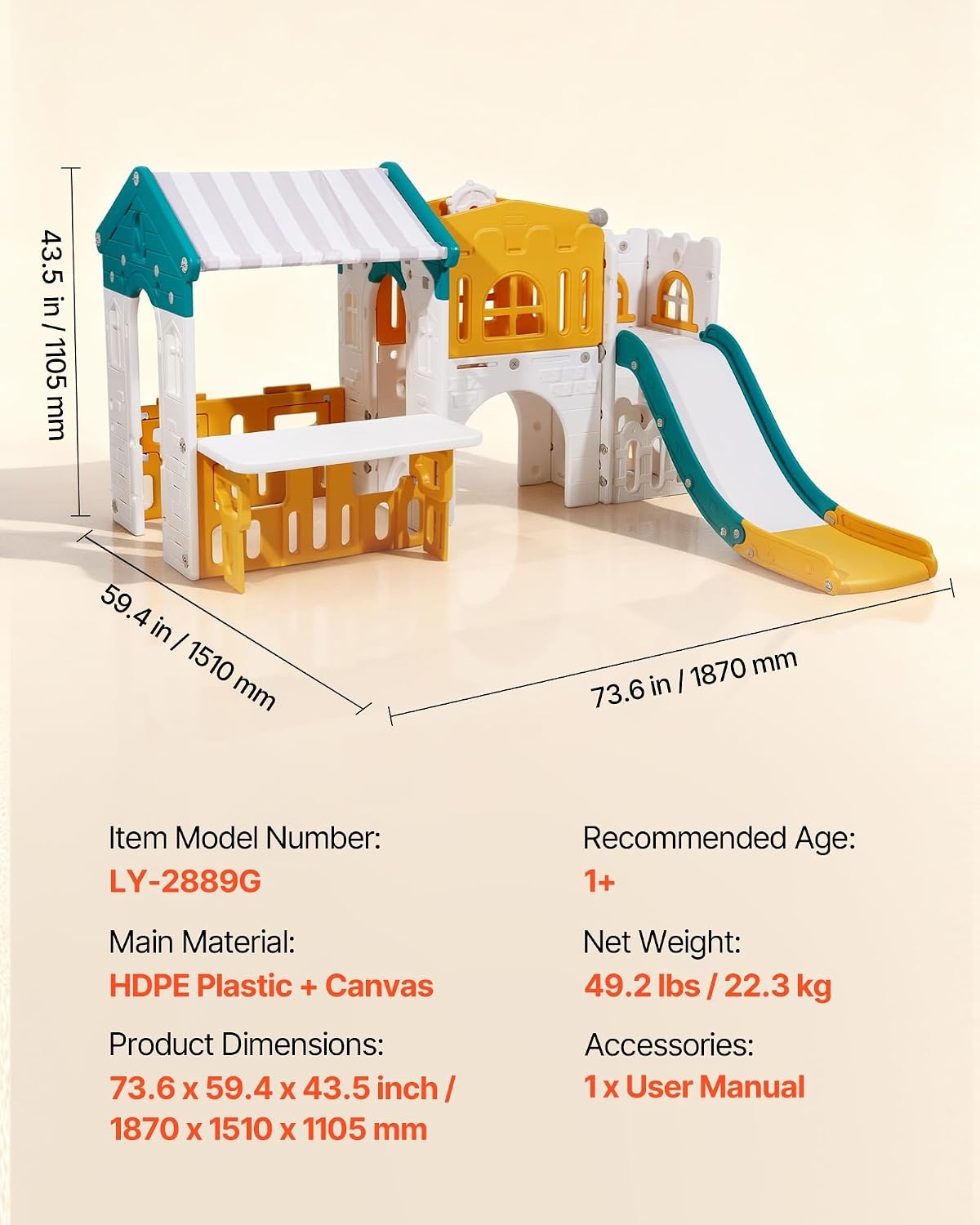image:imageVEVOR Outdoor Playhouse Versatile Toddler Playground with Slide Basketball Telescope Steering Wheel Crawling Tunnel Sales Window Toddler Playset for Aged 1 Open Play Structure HDPE Plastic