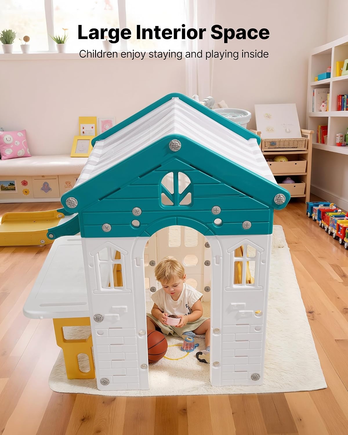 image:imageVEVOR Outdoor Playhouse Versatile Toddler Playground with Slide Basketball Telescope Steering Wheel Crawling Tunnel Sales Window Toddler Playset for Aged 1 Open Play Structure HDPE Plastic