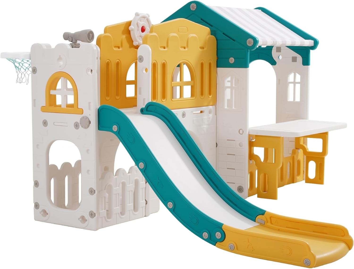 image:imageVEVOR Outdoor Playhouse Versatile Toddler Playground with Slide Basketball Telescope Steering Wheel Crawling Tunnel Sales Window Toddler Playset for Aged 1 Open Play Structure HDPE Plastic