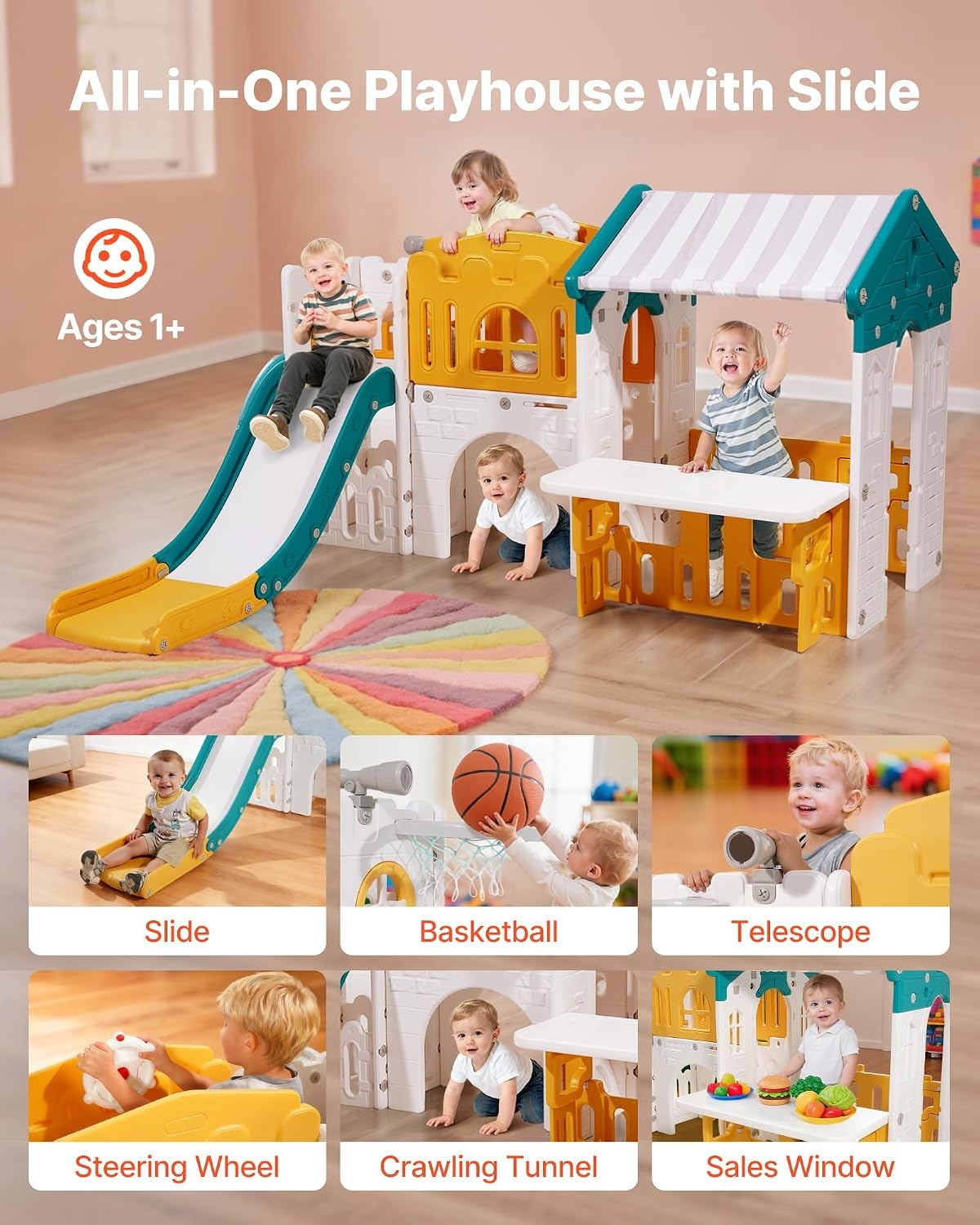 image:imageVEVOR Outdoor Playhouse Versatile Toddler Playground with Slide Basketball Telescope Steering Wheel Crawling Tunnel Sales Window Toddler Playset for Aged 1 Open Play Structure HDPE Plastic