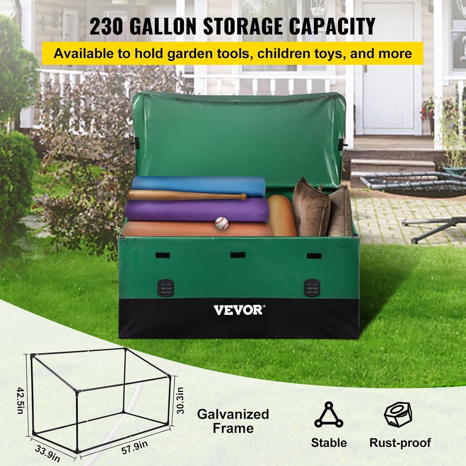 image:imageVEVOR Outdoor Storage Box 150 Gallon Waterproof PE Tarpaulin Deck Box wGalvanized Frame AllWeather Protection amp Portable for Camping Garden Poolside and Yard Black amp Green230gal