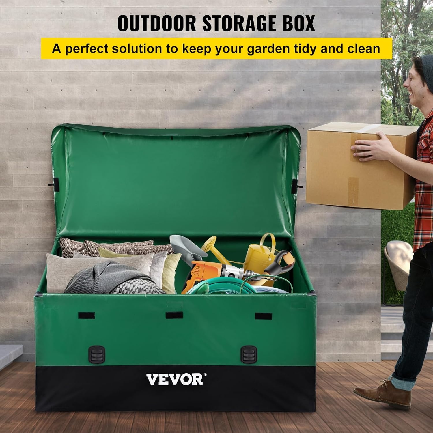 image:imageVEVOR Outdoor Storage Box 150 Gallon Waterproof PE Tarpaulin Deck Box wGalvanized Frame AllWeather Protection amp Portable for Camping Garden Poolside and Yard Black amp Green230gal