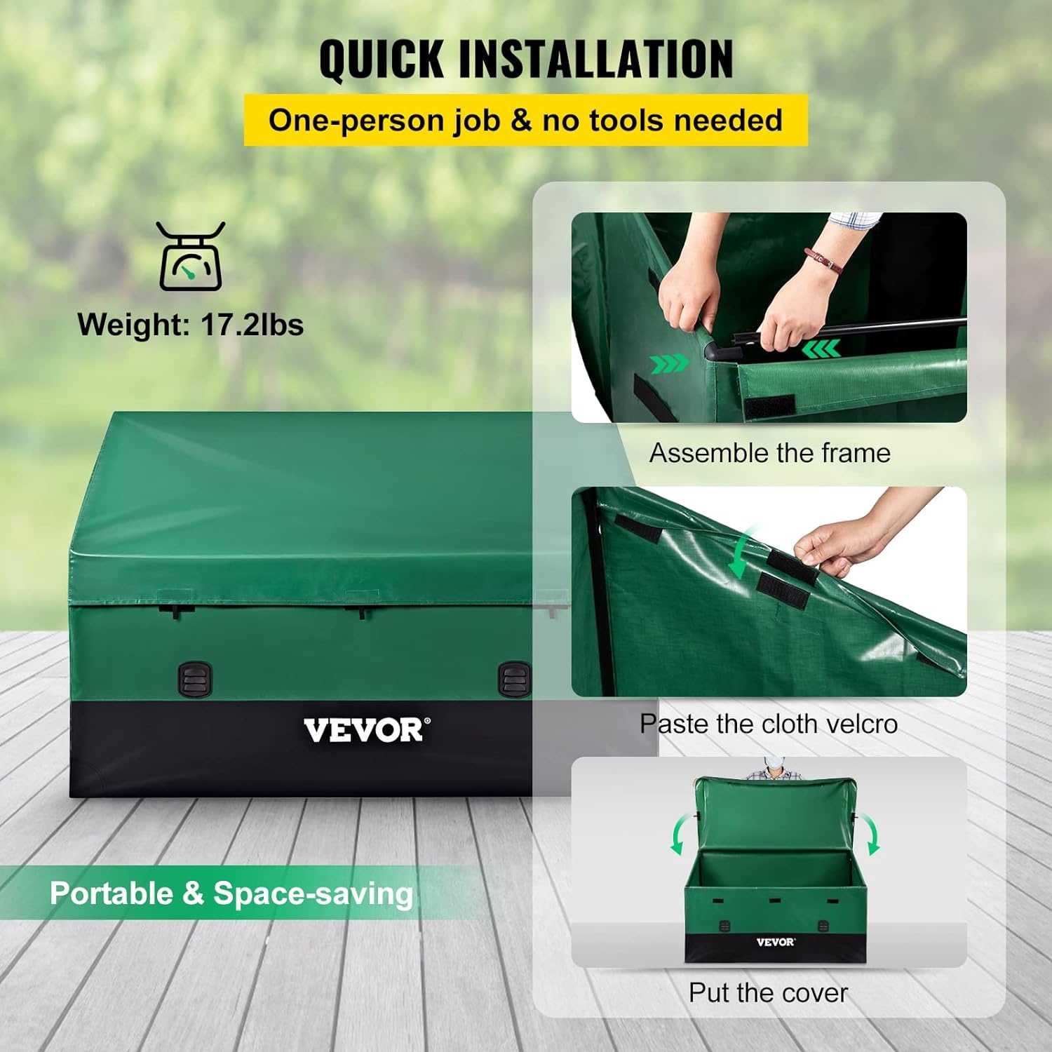 image:imageVEVOR Outdoor Storage Box 150 Gallon Waterproof PE Tarpaulin Deck Box wGalvanized Frame AllWeather Protection amp Portable for Camping Garden Poolside and Yard Black amp Green230gal
