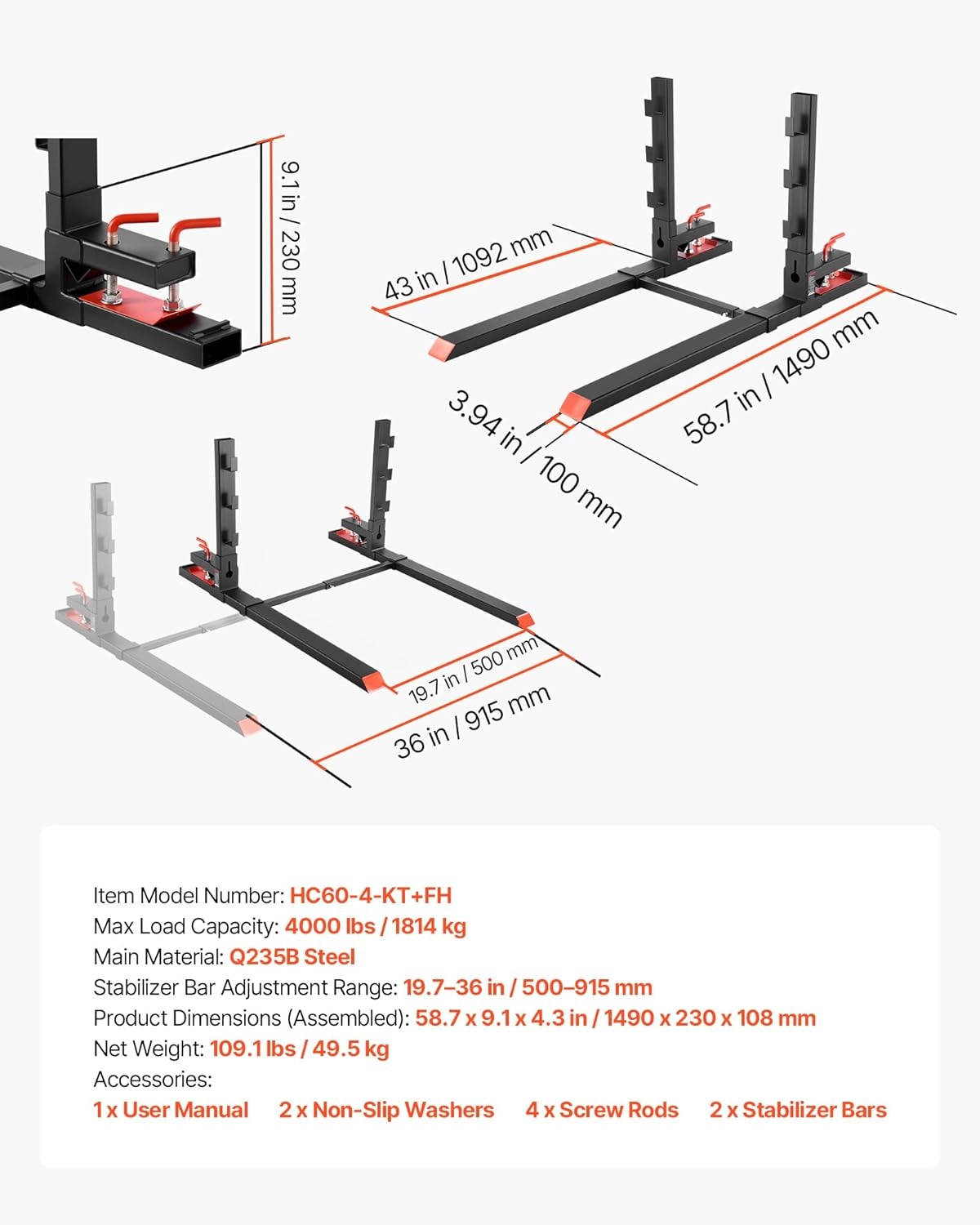 image:imageVEVOR Pallet Forks 4000 lbs Clamp on Pallet Forks 60Inch Total Length HeavyDuty Tractor Fork with AntiTilt Bar amp Adjustable Stabilizer Bar Fit for Loader Bucket Skid Steer Tractor Black