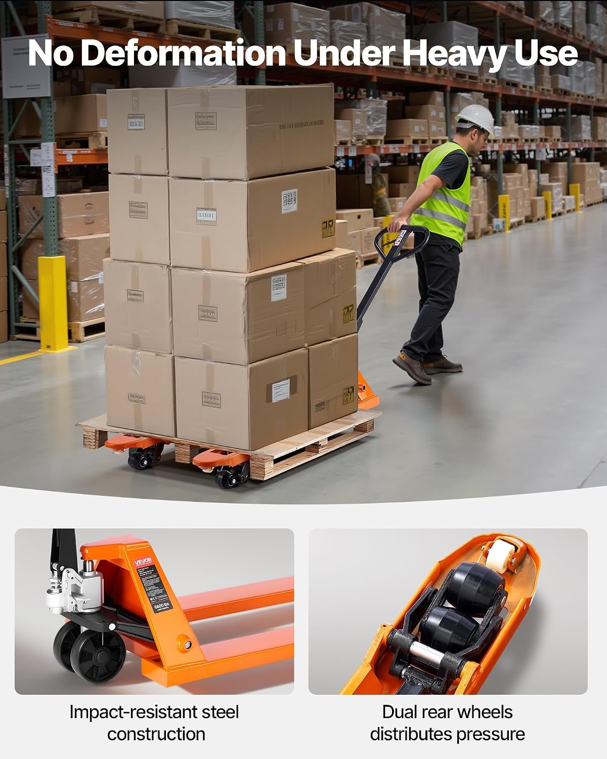 image:imageVEVOR Pallet Jack 6600 lbs Load Capacity Manual Pallet Truck with 48L x 27W Inch Forks for Material Handling 33571 Inch Fork Lift Height Range Suitable for Warehouse Supermarket Manufacturing6600 LBS