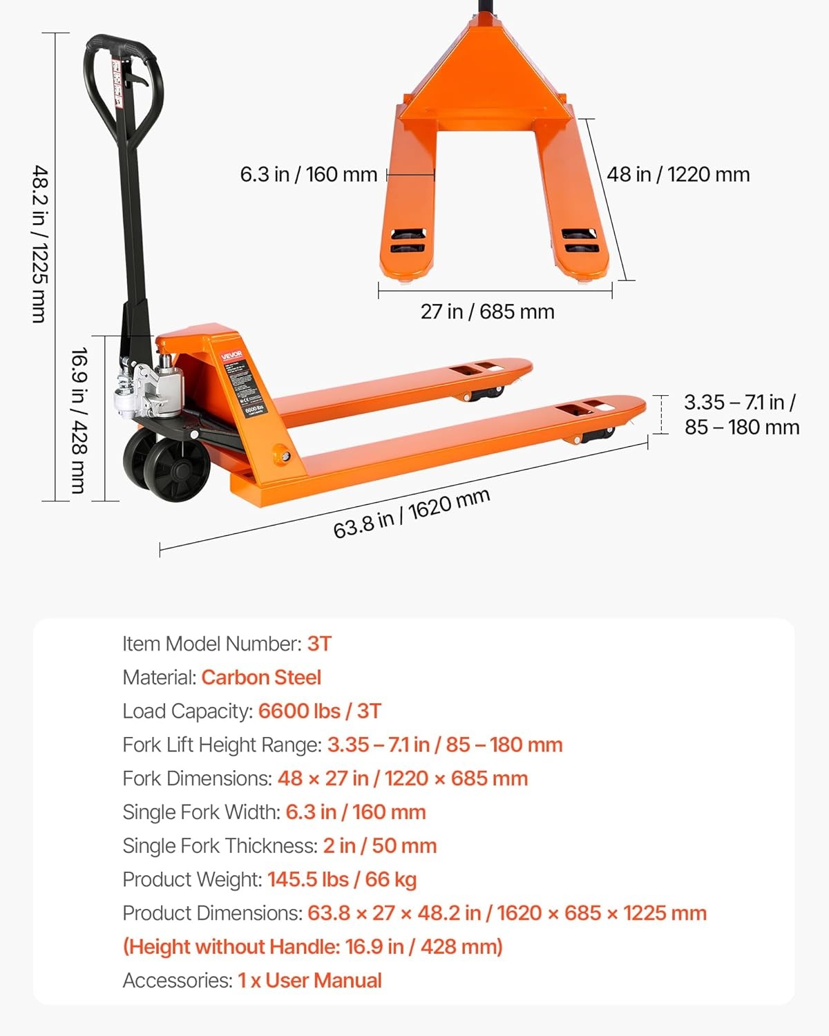 image:imageVEVOR Pallet Jack 6600 lbs Load Capacity Manual Pallet Truck with 48L x 27W Inch Forks for Material Handling 33571 Inch Fork Lift Height Range Suitable for Warehouse Supermarket Manufacturing6600 LBS