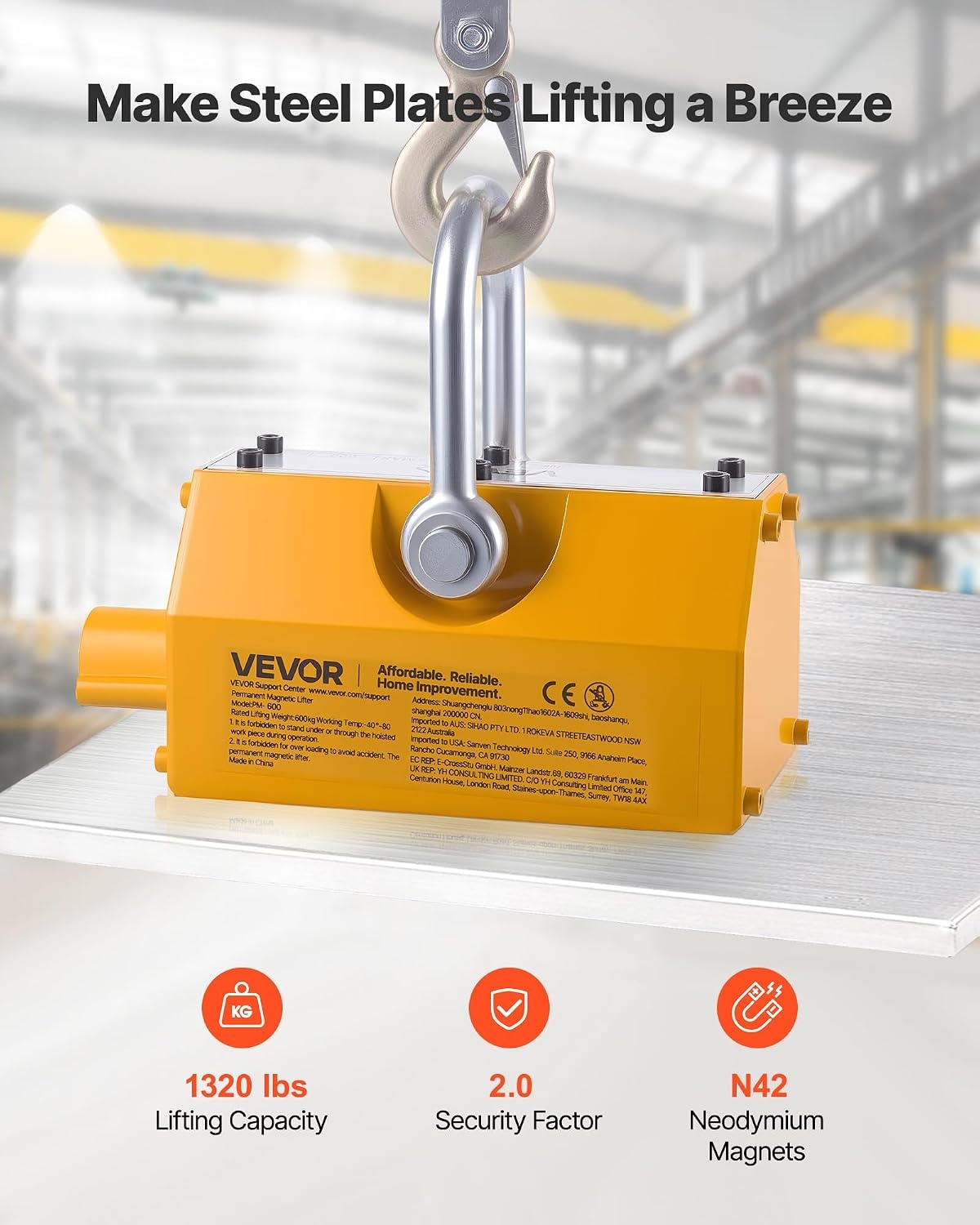 image:imageVEVOR Permanent Magnetic Lifter 880 lbs Pulling Capacity Heavy Duty N42 Neodymium Lifting Magnet with Release Handle and Steel Hook Used in Shop Crane and Hoist for Lifting Plate Steel Board1320 lbs600 kg Magnetic Lifter