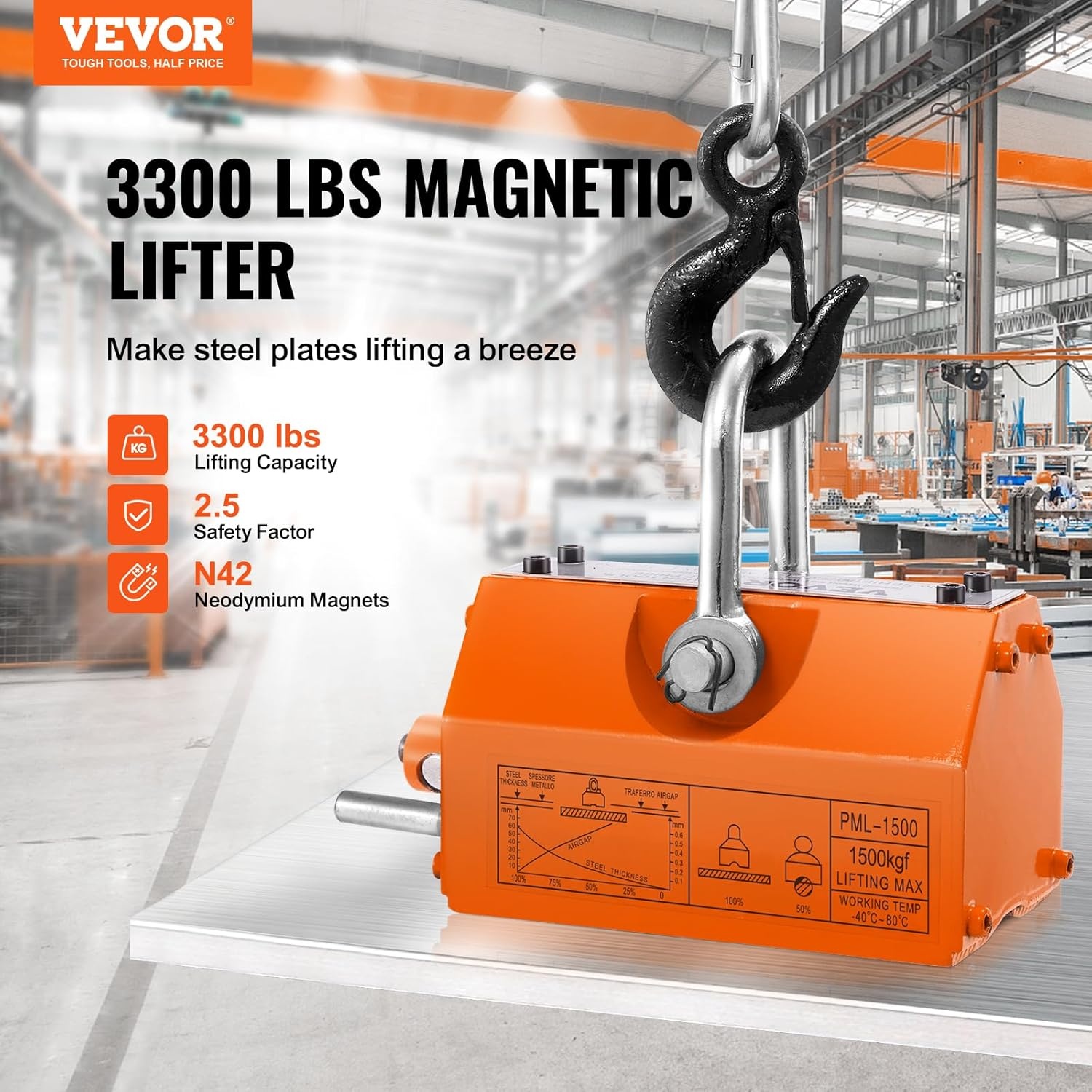 image:imageVEVOR Permanent Magnetic Lifter 880 lbs Pulling Capacity Heavy Duty N42 Neodymium Lifting Magnet with Release Handle and Steel Hook Used in Shop Crane and Hoist for Lifting Plate Steel Board3300 lbs1500 kg Magnetic Lifter