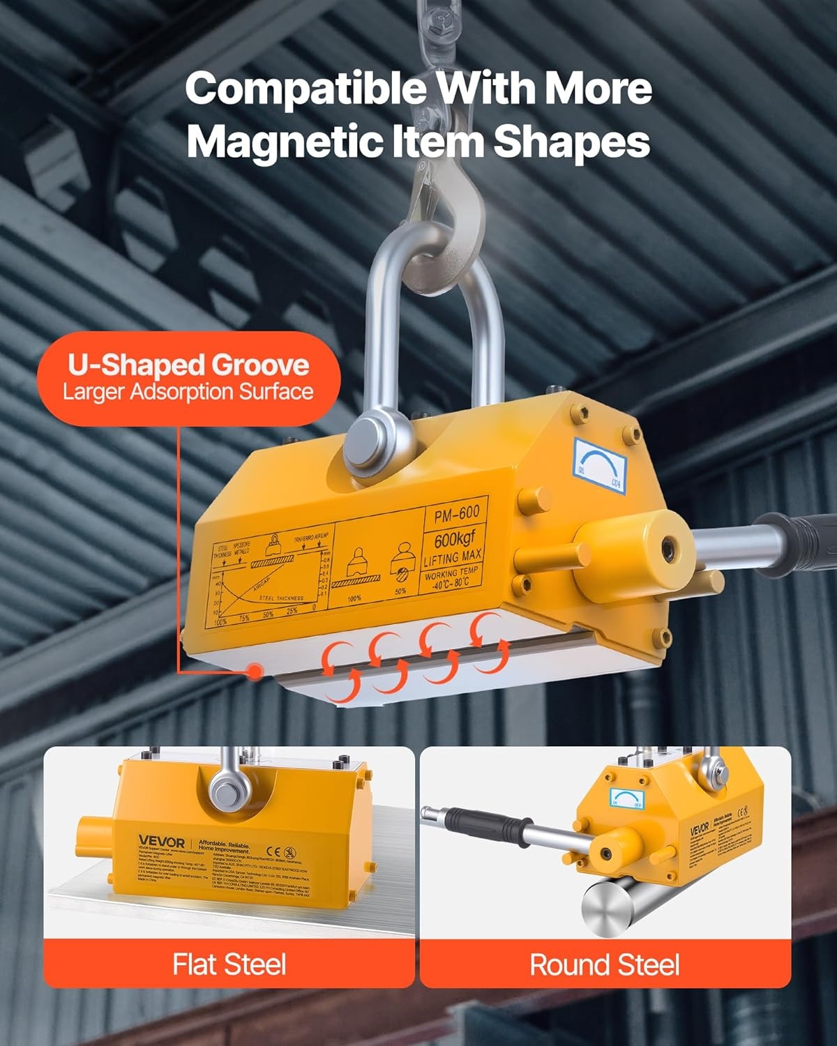 image:imageVEVOR Permanent Magnetic Lifter 880 lbs Pulling Capacity Heavy Duty N42 Neodymium Lifting Magnet with Release Handle and Steel Hook Used in Shop Crane and Hoist for Lifting Plate Steel Board1320 lbs600 kg Magnetic Lifter