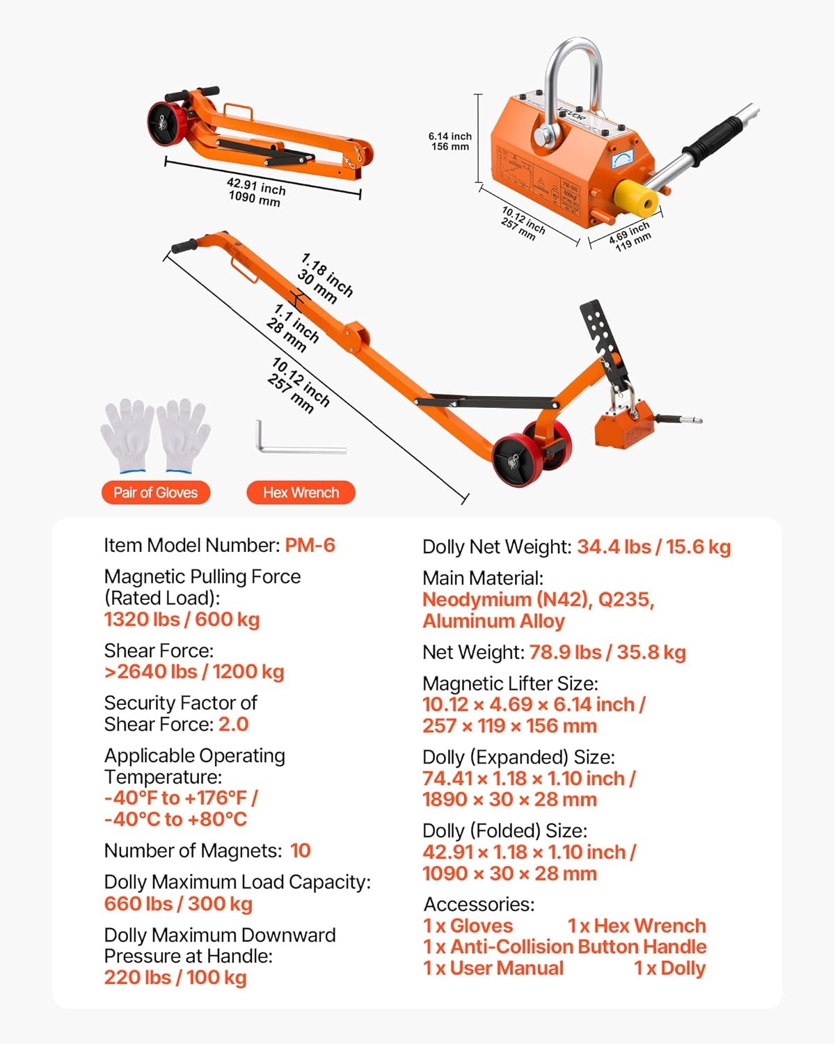 image:imageVEVOR Permanent Magnetic Lifter 880 lbs Pulling Capacity Heavy Duty N42 Neodymium Lifting Magnet with Release Handle and Steel Hook Used in Shop Crane and Hoist for Lifting Plate Steel Board1320 lbs600 kg Lid Lifter Dolly