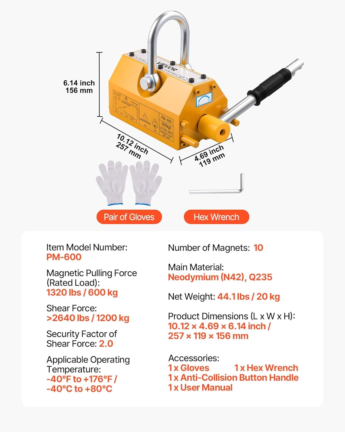 image:imageVEVOR Permanent Magnetic Lifter 880 lbs Pulling Capacity Heavy Duty N42 Neodymium Lifting Magnet with Release Handle and Steel Hook Used in Shop Crane and Hoist for Lifting Plate Steel Board1320 lbs600 kg Magnetic Lifter