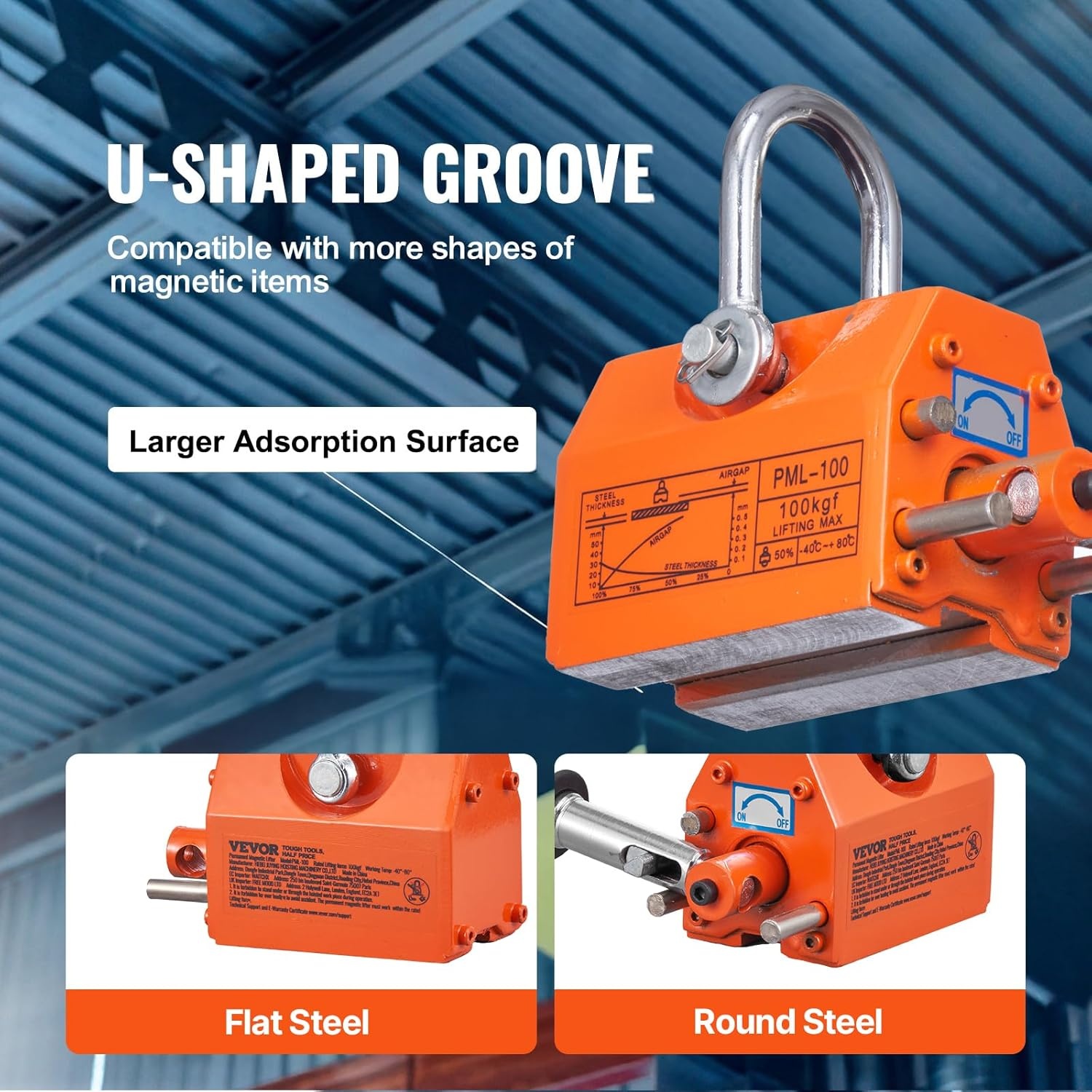 image:imageVEVOR Permanent Magnetic Lifter 880 lbs Pulling Capacity Heavy Duty N42 Neodymium Lifting Magnet with Release Handle and Steel Hook Used in Shop Crane and Hoist for Lifting Plate Steel Board220 lbs100 kg Magnetic Lifter