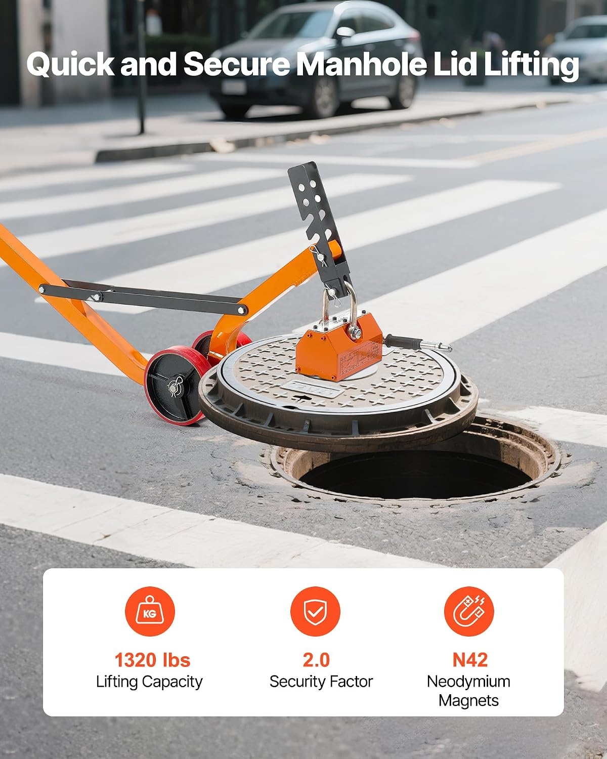 image:imageVEVOR Permanent Magnetic Lifter 880 lbs Pulling Capacity Heavy Duty N42 Neodymium Lifting Magnet with Release Handle and Steel Hook Used in Shop Crane and Hoist for Lifting Plate Steel Board1320 lbs600 kg Lid Lifter Dolly