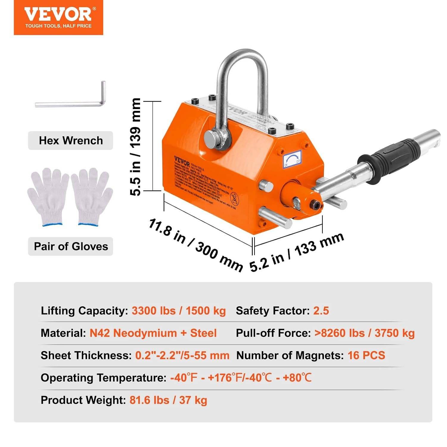 image:imageVEVOR Permanent Magnetic Lifter 880 lbs Pulling Capacity Heavy Duty N42 Neodymium Lifting Magnet with Release Handle and Steel Hook Used in Shop Crane and Hoist for Lifting Plate Steel Board3300 lbs1500 kg Magnetic Lifter