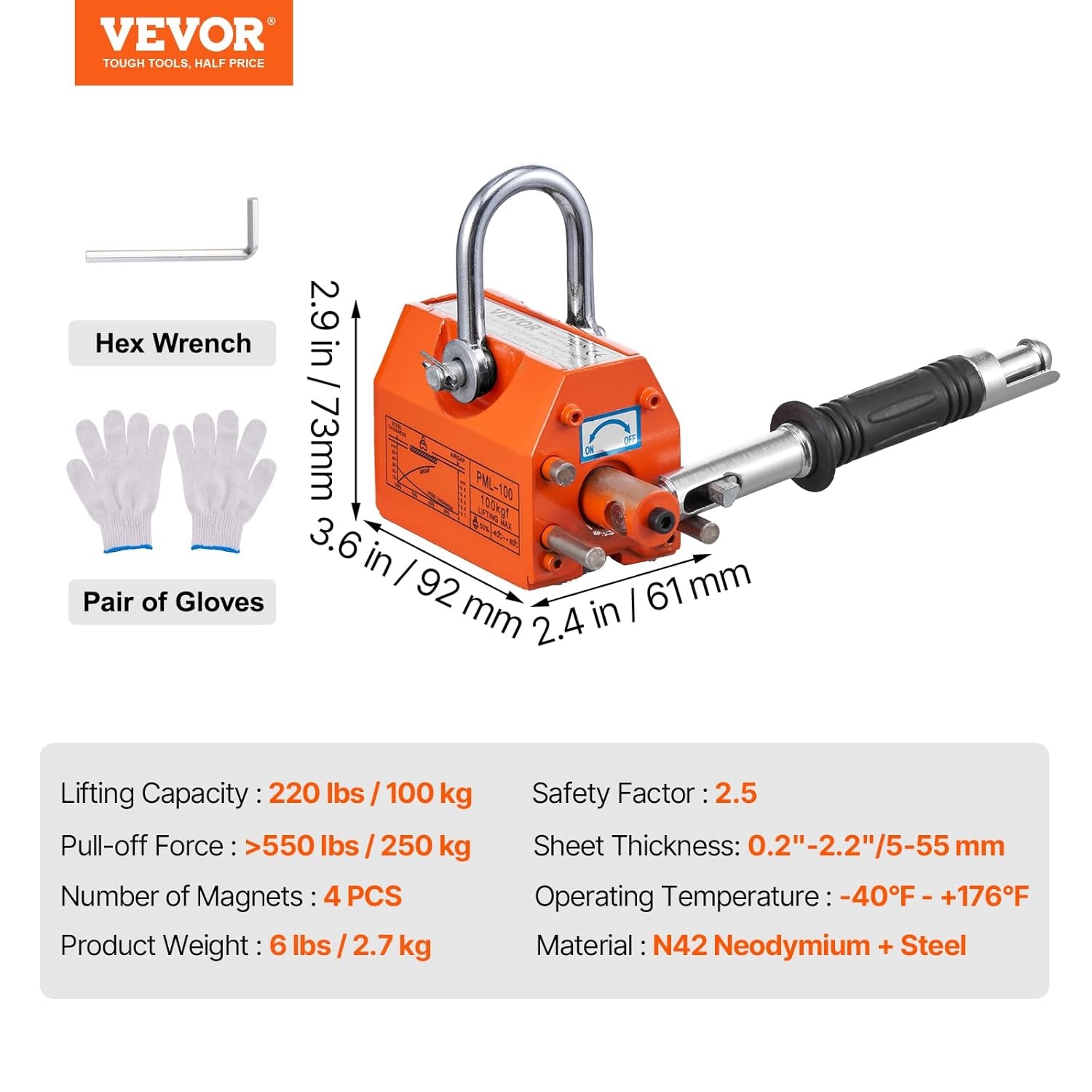 image:imageVEVOR Permanent Magnetic Lifter 880 lbs Pulling Capacity Heavy Duty N42 Neodymium Lifting Magnet with Release Handle and Steel Hook Used in Shop Crane and Hoist for Lifting Plate Steel Board220 lbs100 kg Magnetic Lifter