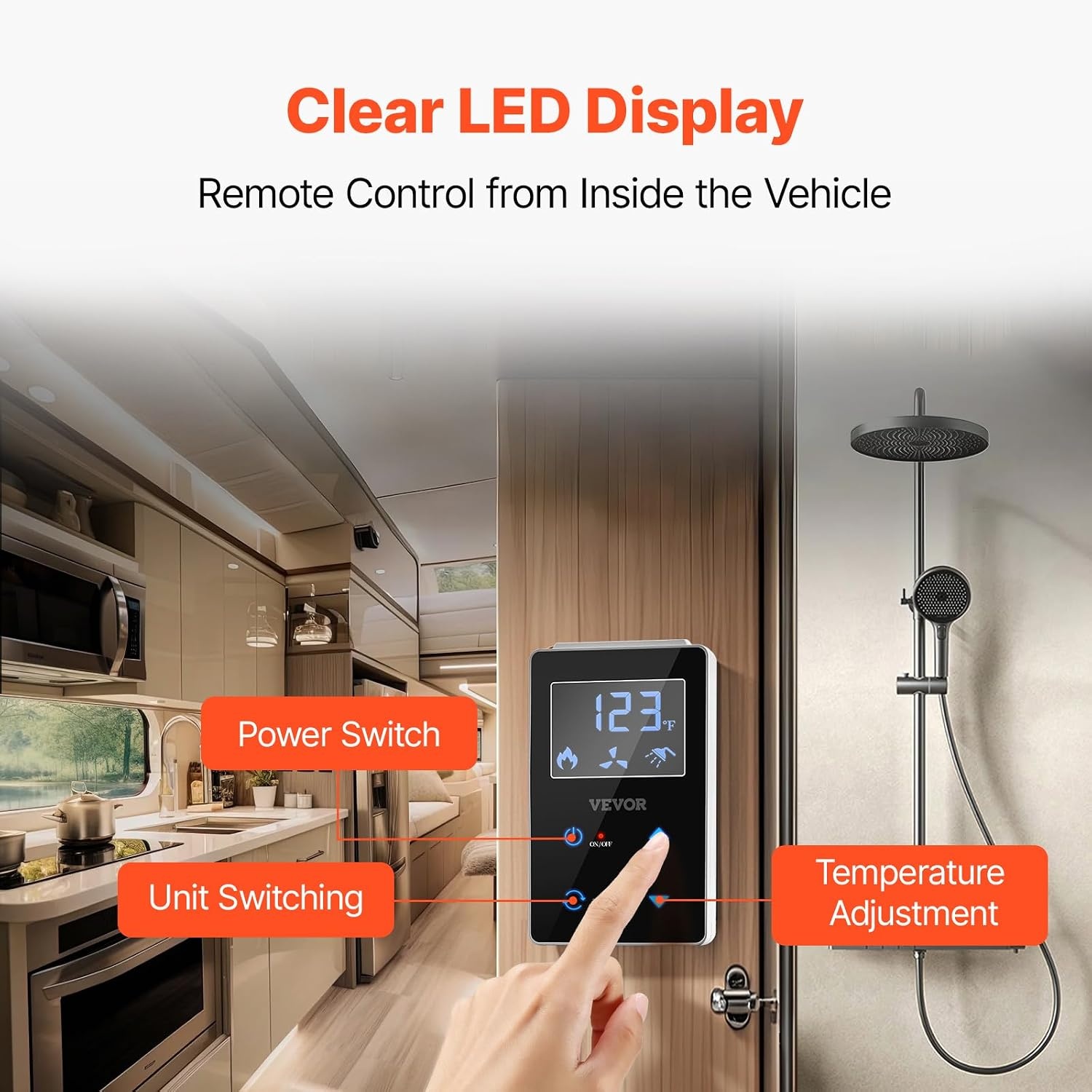 image:imageVEVOR RV Tankless Water Heater 65000 BTU Instant Shower with 15 x 15 in White Door and Remote Controller Ideal for RVers Family Everyday Use