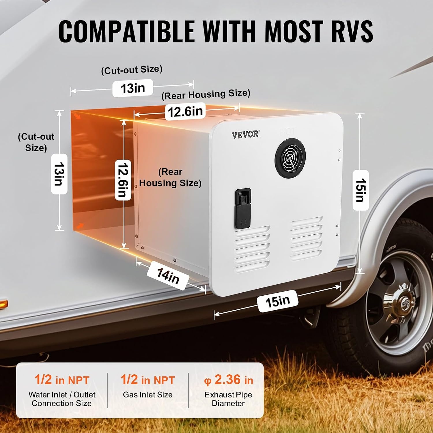 image:imageVEVOR RV Tankless Water Heater 65000 BTU Instant Shower with 15 x 15 in White Door and Remote Controller Ideal for RVers Family Everyday Use