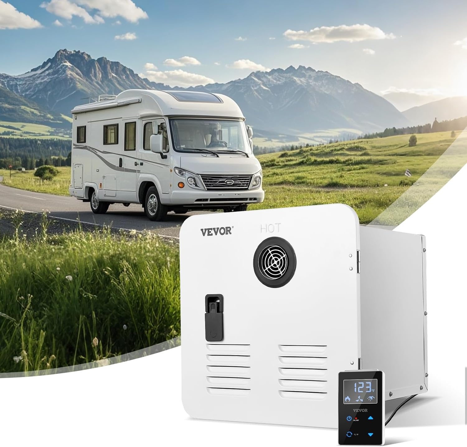 image:imageVEVOR RV Tankless Water Heater 65000 BTU Instant Shower with 15 x 15 in White Door and Remote Controller Ideal for RVers Family Everyday Use