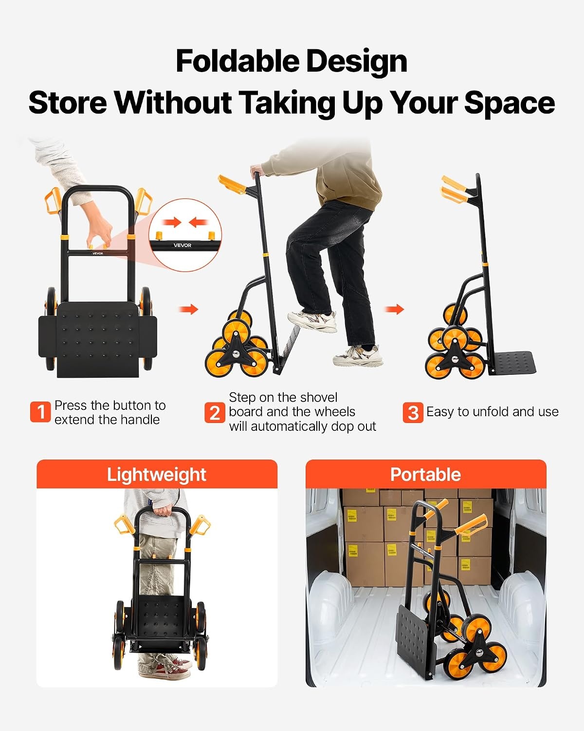 image:imageVEVOR Stair Climbing Cart 770 lbs StairClimbing Capacity HeavyDuty Folding Trolley Cart with Telescoping Handle 6 Wheels and 2 Bungee Cords Stair Climber Dolly for Home Groceries Warehouse