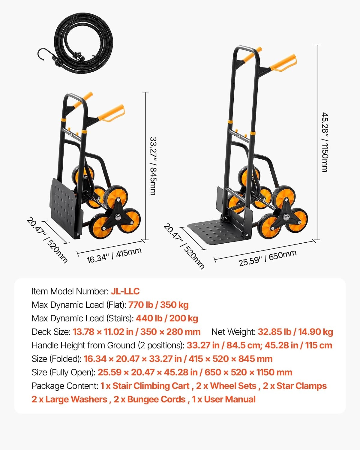 image:imageVEVOR Stair Climbing Cart 770 lbs StairClimbing Capacity HeavyDuty Folding Trolley Cart with Telescoping Handle 6 Wheels and 2 Bungee Cords Stair Climber Dolly for Home Groceries Warehouse