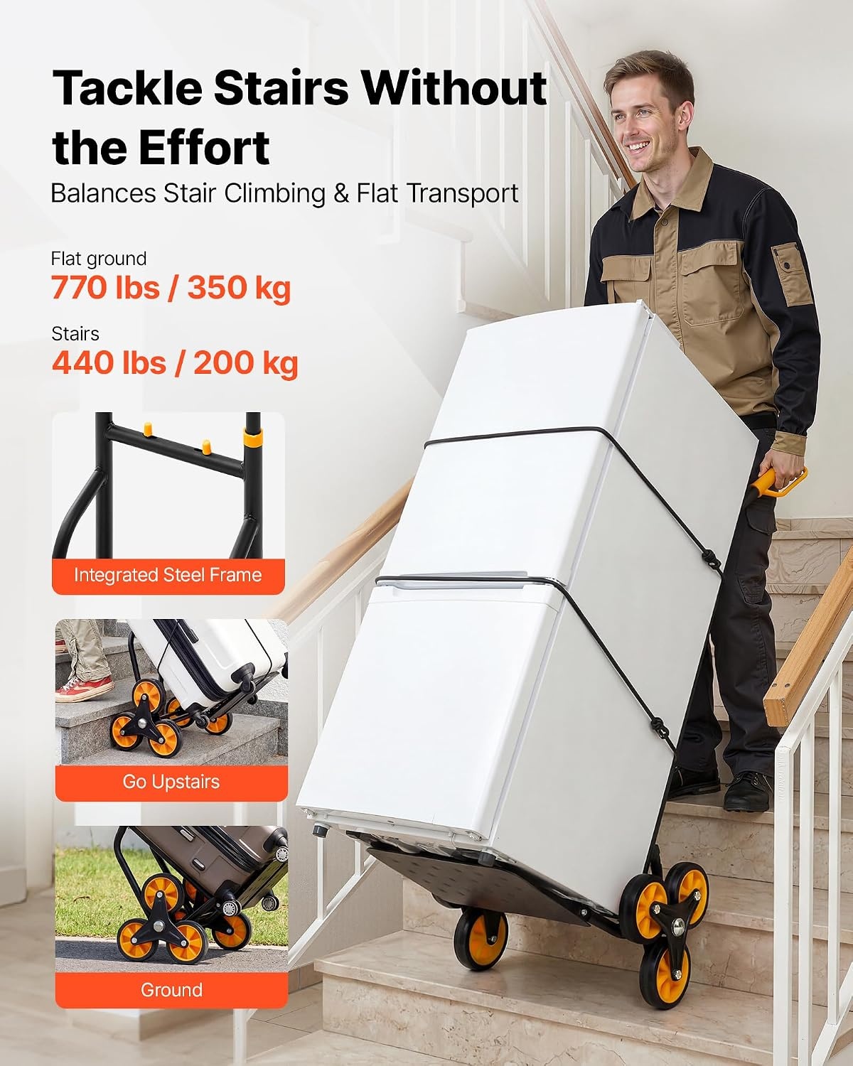 image:imageVEVOR Stair Climbing Cart 770 lbs StairClimbing Capacity HeavyDuty Folding Trolley Cart with Telescoping Handle 6 Wheels and 2 Bungee Cords Stair Climber Dolly for Home Groceries Warehouse