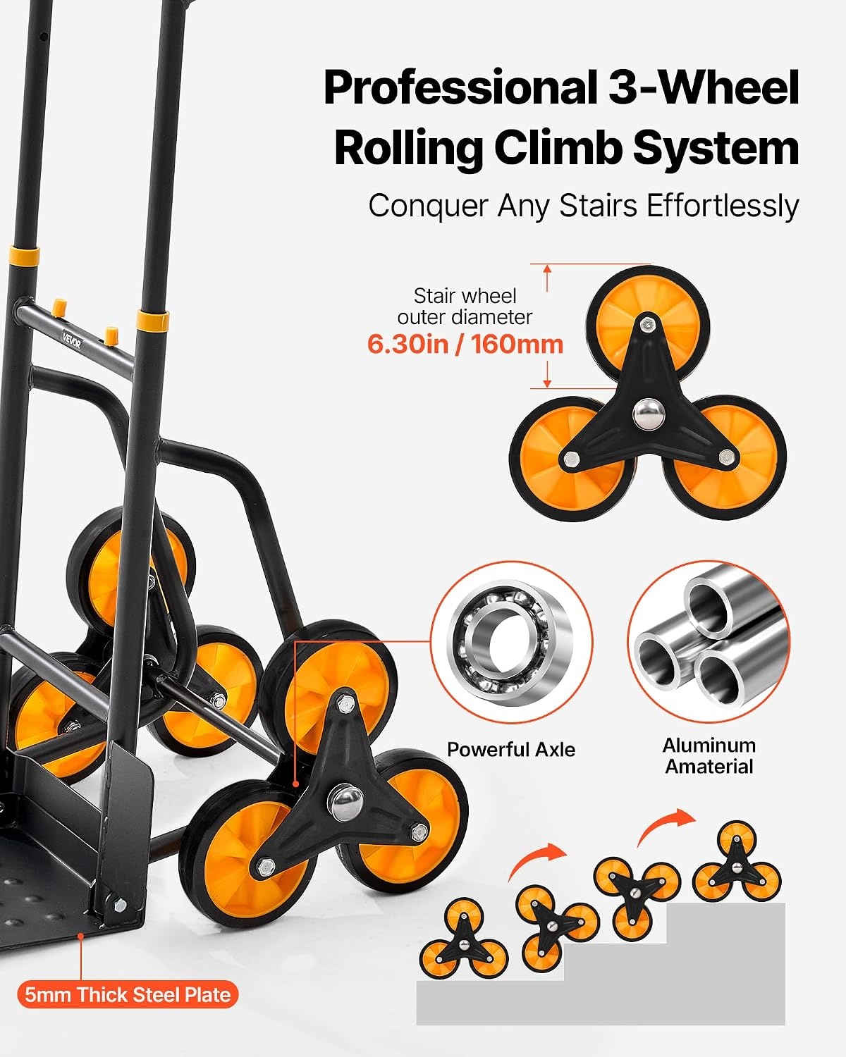 image:imageVEVOR Stair Climbing Cart 770 lbs StairClimbing Capacity HeavyDuty Folding Trolley Cart with Telescoping Handle 6 Wheels and 2 Bungee Cords Stair Climber Dolly for Home Groceries Warehouse