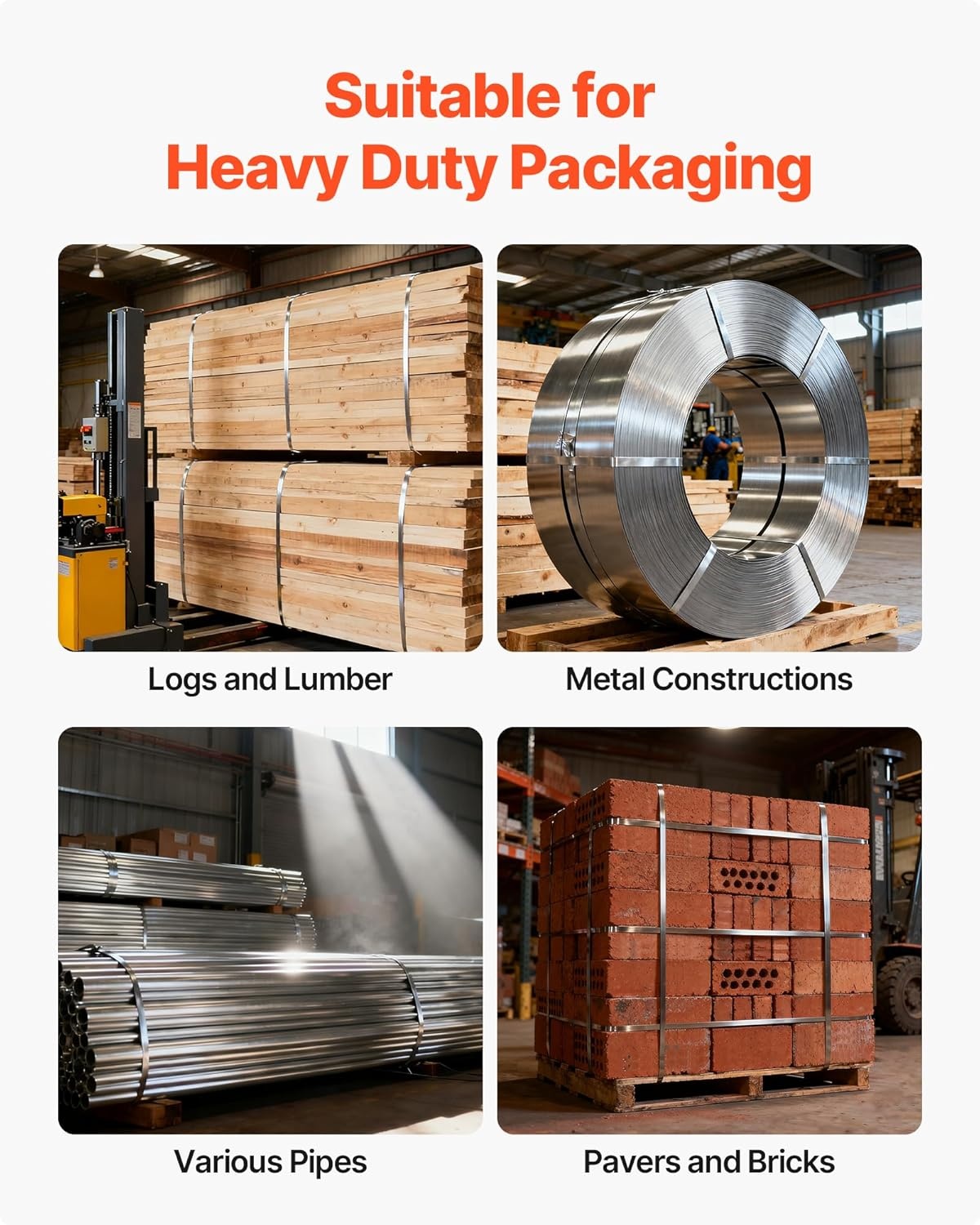 image:imageVEVOR Steel Banding Strapping Kit Heavy Duty Banding Sealer Tool with 400 ft Binding Straps 400 Metal Clasps Manual Pallet Packaging Strapping Kit for Warehouse Transportation Industrial BundlingSteel 34x200 4PC Set