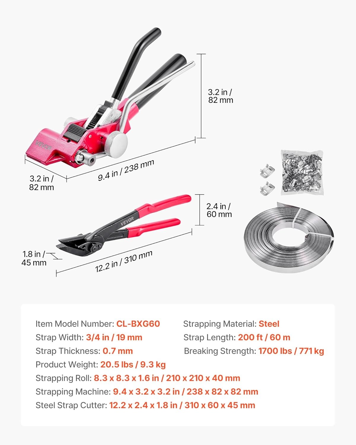 image:imageVEVOR Steel Banding Strapping Kit Heavy Duty Banding Sealer Tool with 400 ft Binding Straps 400 Metal Clasps Manual Pallet Packaging Strapping Kit for Warehouse Transportation Industrial BundlingSteel 34x200 4PC Set