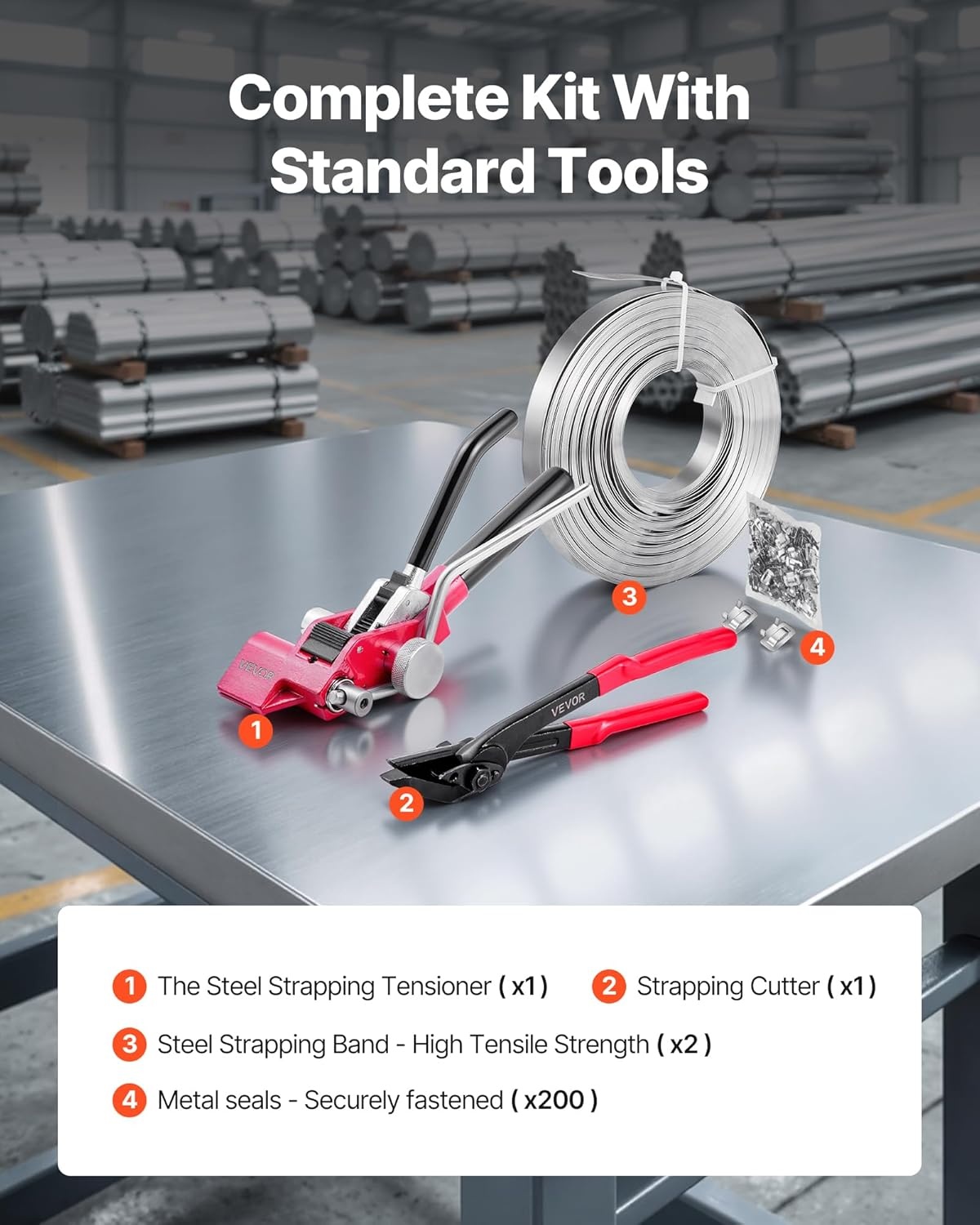 image:imageVEVOR Steel Banding Strapping Kit Heavy Duty Banding Sealer Tool with 400 ft Binding Straps 400 Metal Clasps Manual Pallet Packaging Strapping Kit for Warehouse Transportation Industrial BundlingSteel 34x200 4PC Set