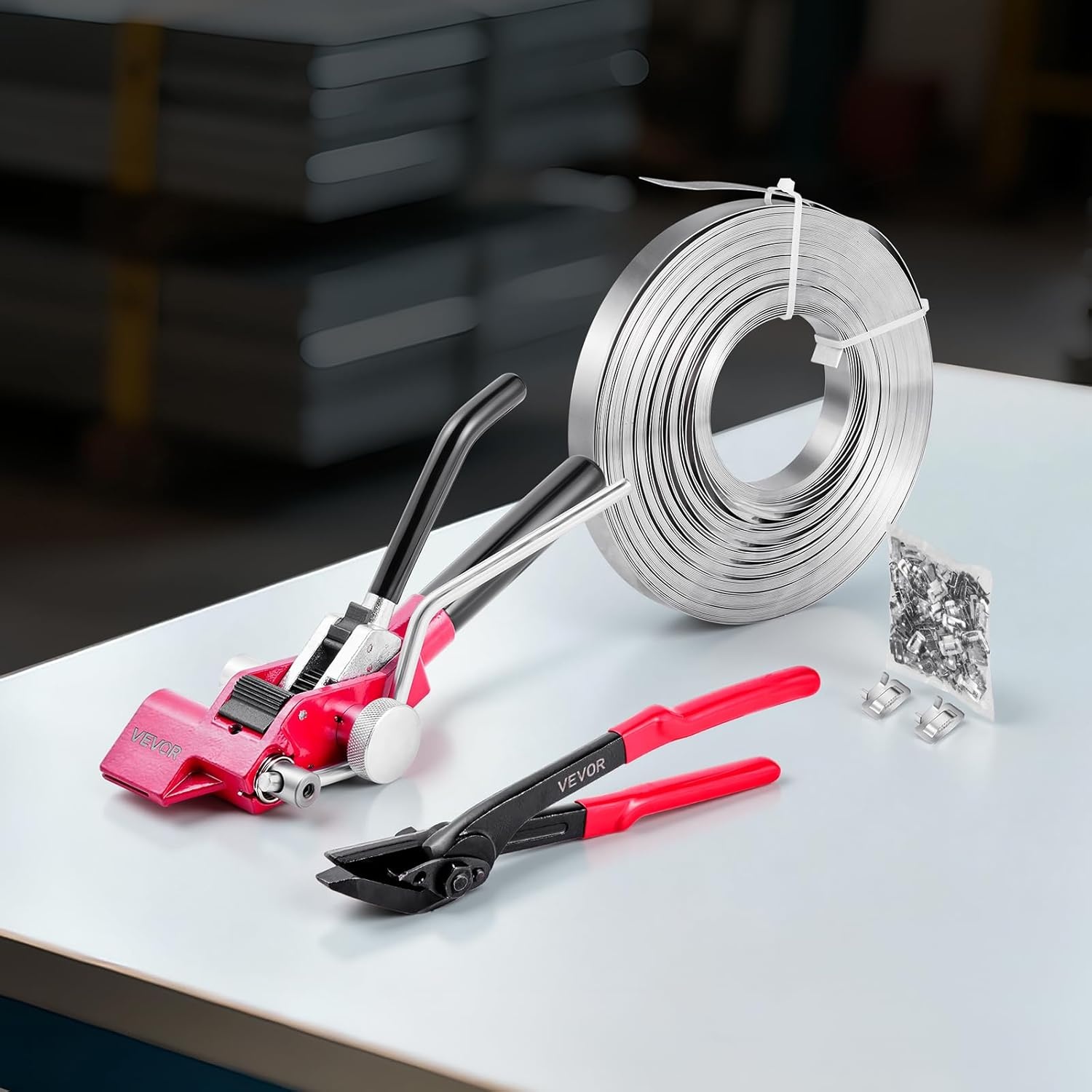 image:imageVEVOR Steel Banding Strapping Kit Heavy Duty Banding Sealer Tool with 400 ft Binding Straps 400 Metal Clasps Manual Pallet Packaging Strapping Kit for Warehouse Transportation Industrial BundlingSteel 34x200 4PC Set
