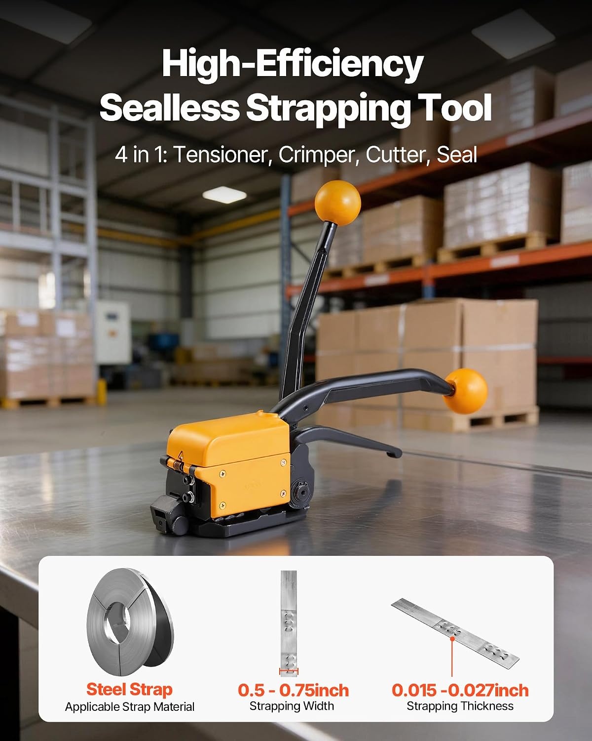 image:imageVEVOR Steel Strapping Coil 34 in x 002 in x 1640 ft Metal Strapping Banding Roll Withstands Harsh Environment 1700 lbs Break Strength Heavy Duty Banding Pallet Strap Coil for Pallet Packing161 x 129 x 81 in