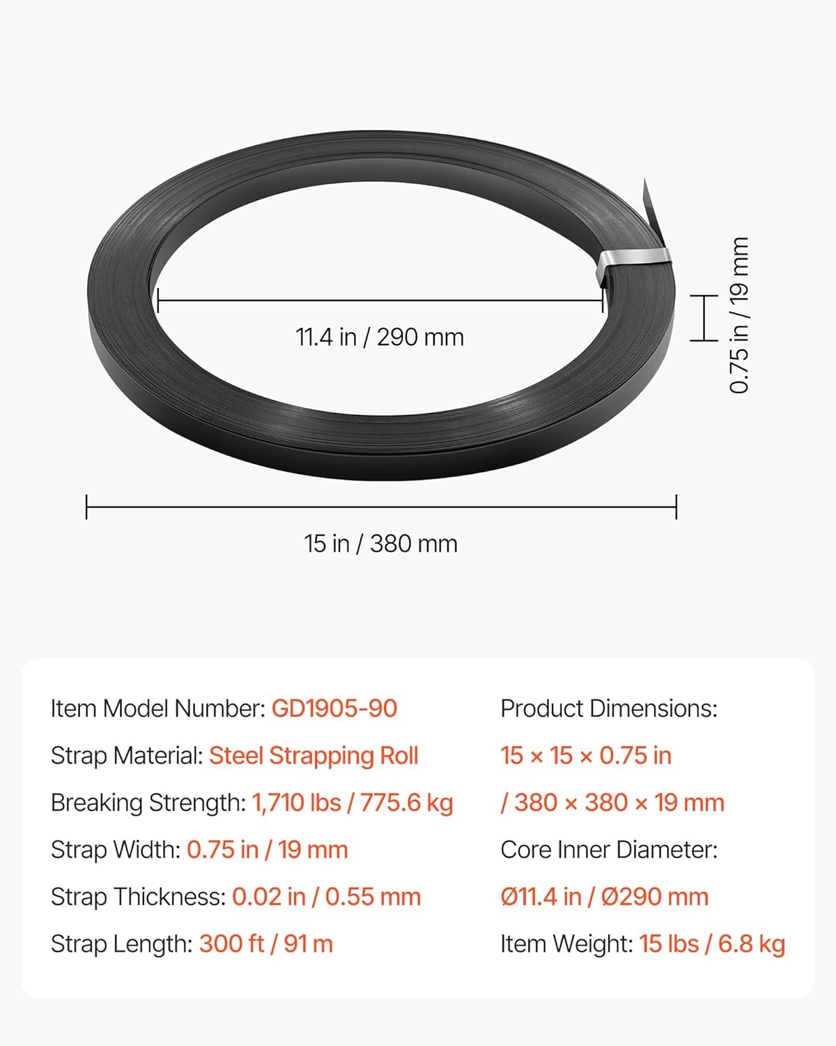 image:imageVEVOR Steel Strapping Coil 34 in x 002 in x 1640 ft Metal Strapping Banding Roll Withstands Harsh Environment 1700 lbs Break Strength Heavy Duty Banding Pallet Strap Coil for Pallet Packing34W x 300L