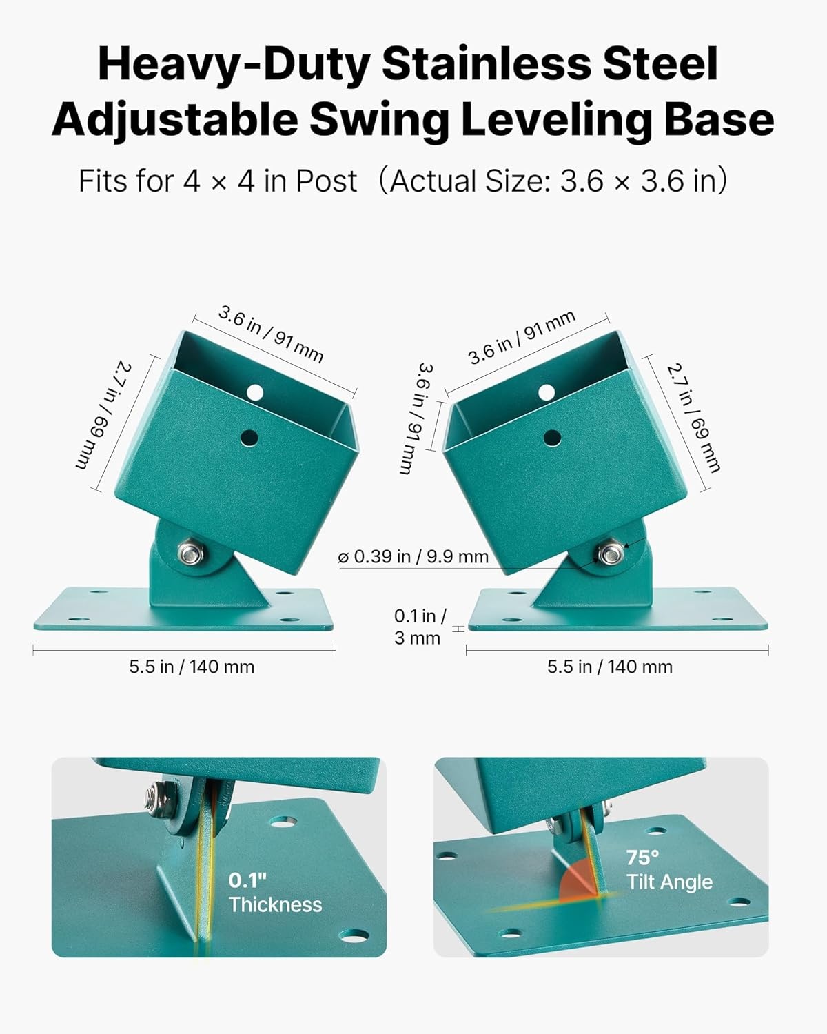 image:imageVEVOR Swing Set Brackets 4 Pack Heavy Duty Swing Set Leveling Hardware Fits 4 x 4 in Post Actual 36 x 36 in 4560 Angle Range Stainless Steel Anchor Level Kit on Uneven Grass Wooden Ground