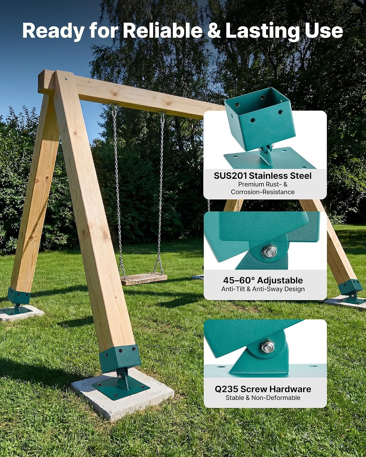 image:imageVEVOR Swing Set Brackets 4 Pack Heavy Duty Swing Set Leveling Hardware Fits 4 x 4 in Post Actual 36 x 36 in 4560 Angle Range Stainless Steel Anchor Level Kit on Uneven Grass Wooden Ground
