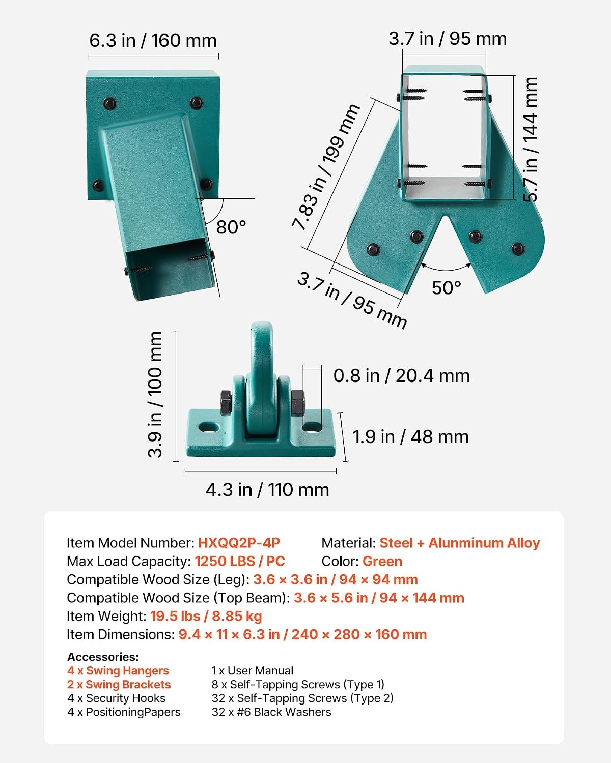 image:imageVEVOR Swing Set Brackets HeavyDuty AFrame Set Hardware with 2 AFrame Swing Brackets amp 4 Hangers Sturdy for Playground Backyard Park Equipment Mounting Parts Outdoor Hardware Included Green