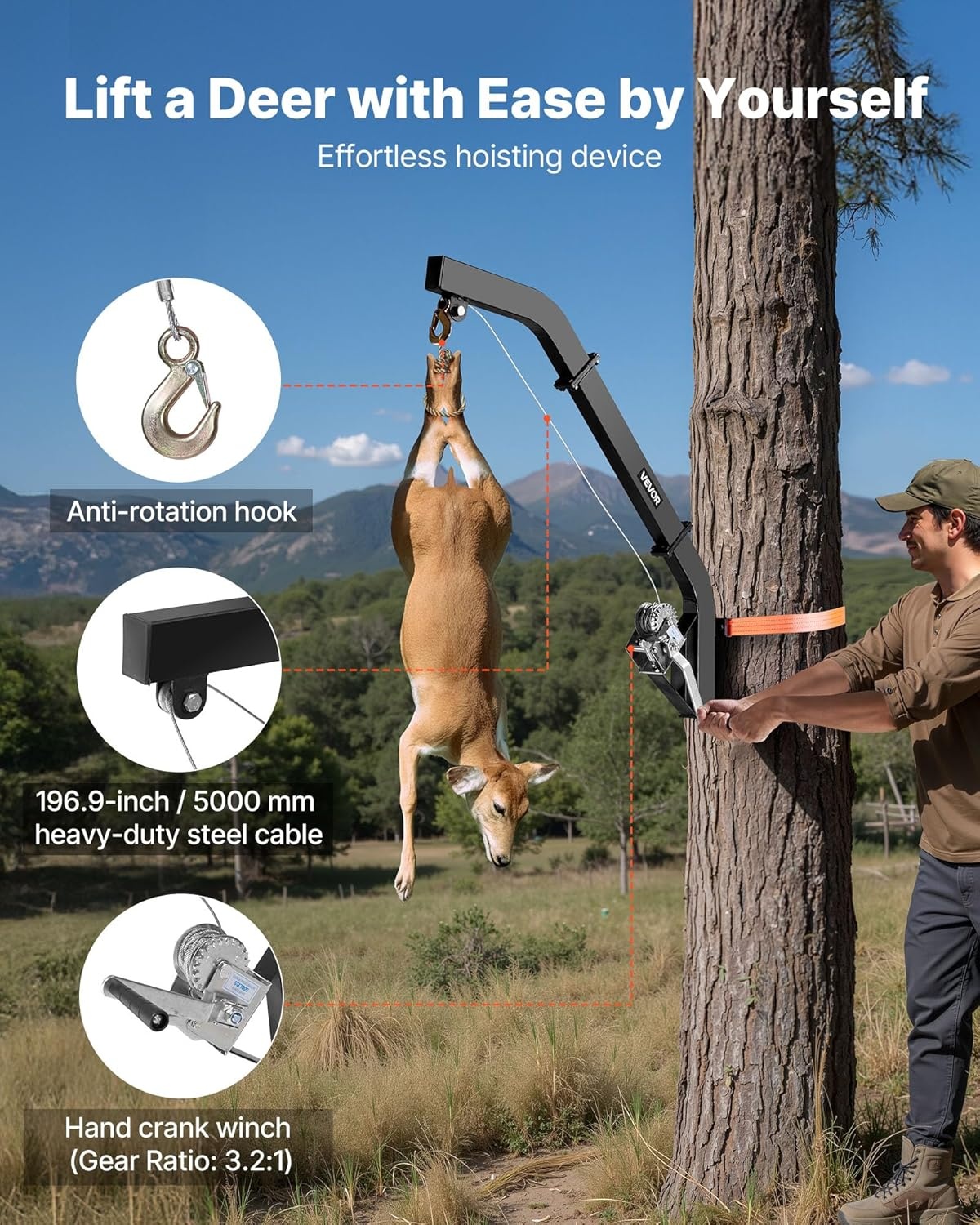 image:imageVEVOR Tree Mounted Deer Hoist 353 lbs Load Capacity Hunting Game Hoist Winch Lift with Ratchet Strap Heavy Duty Deer Hanger for Skinning Cleaning Hanging Feed and Field Dressing Black353 lbs