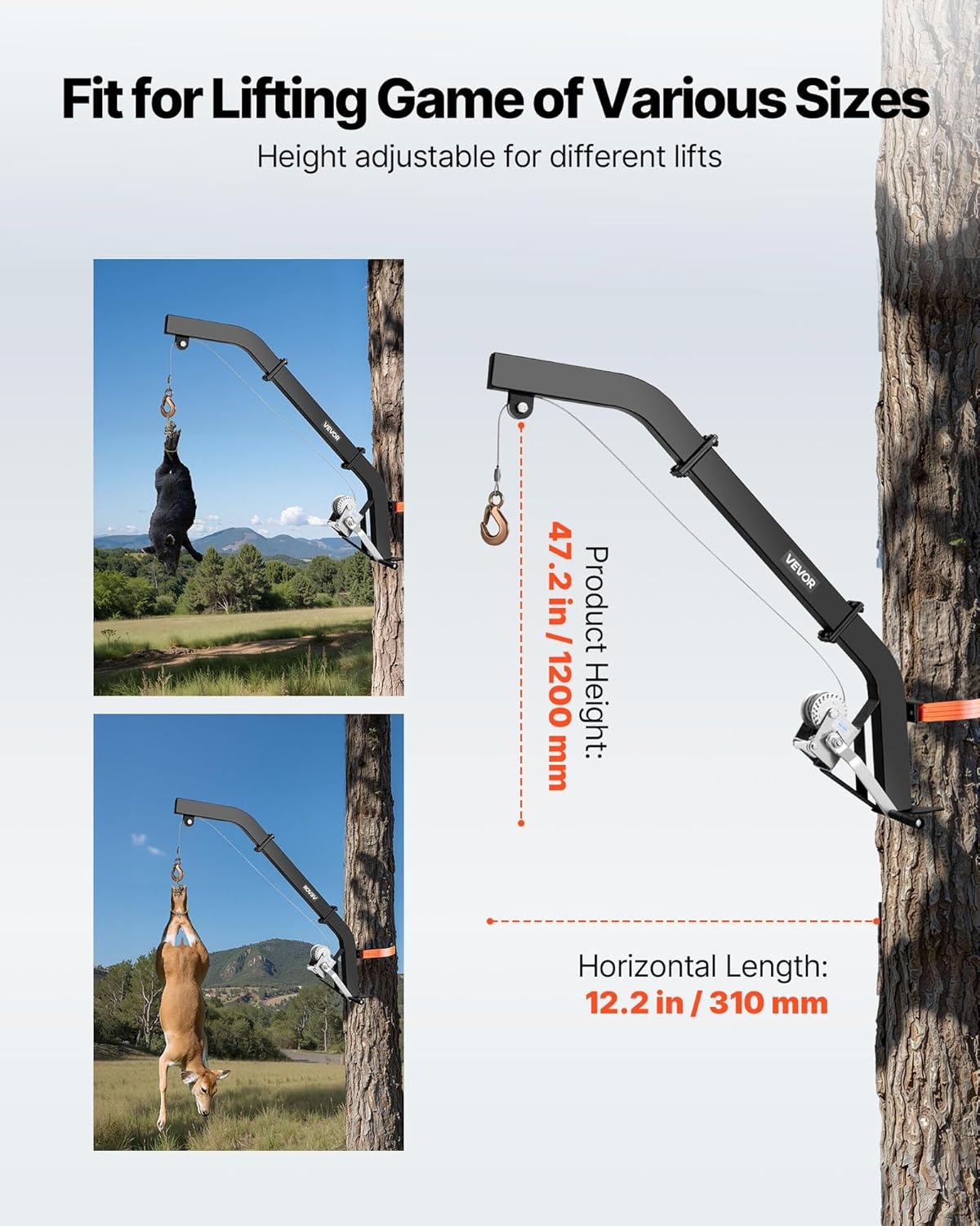image:imageVEVOR Tree Mounted Deer Hoist 353 lbs Load Capacity Hunting Game Hoist Winch Lift with Ratchet Strap Heavy Duty Deer Hanger for Skinning Cleaning Hanging Feed and Field Dressing Black353 lbs