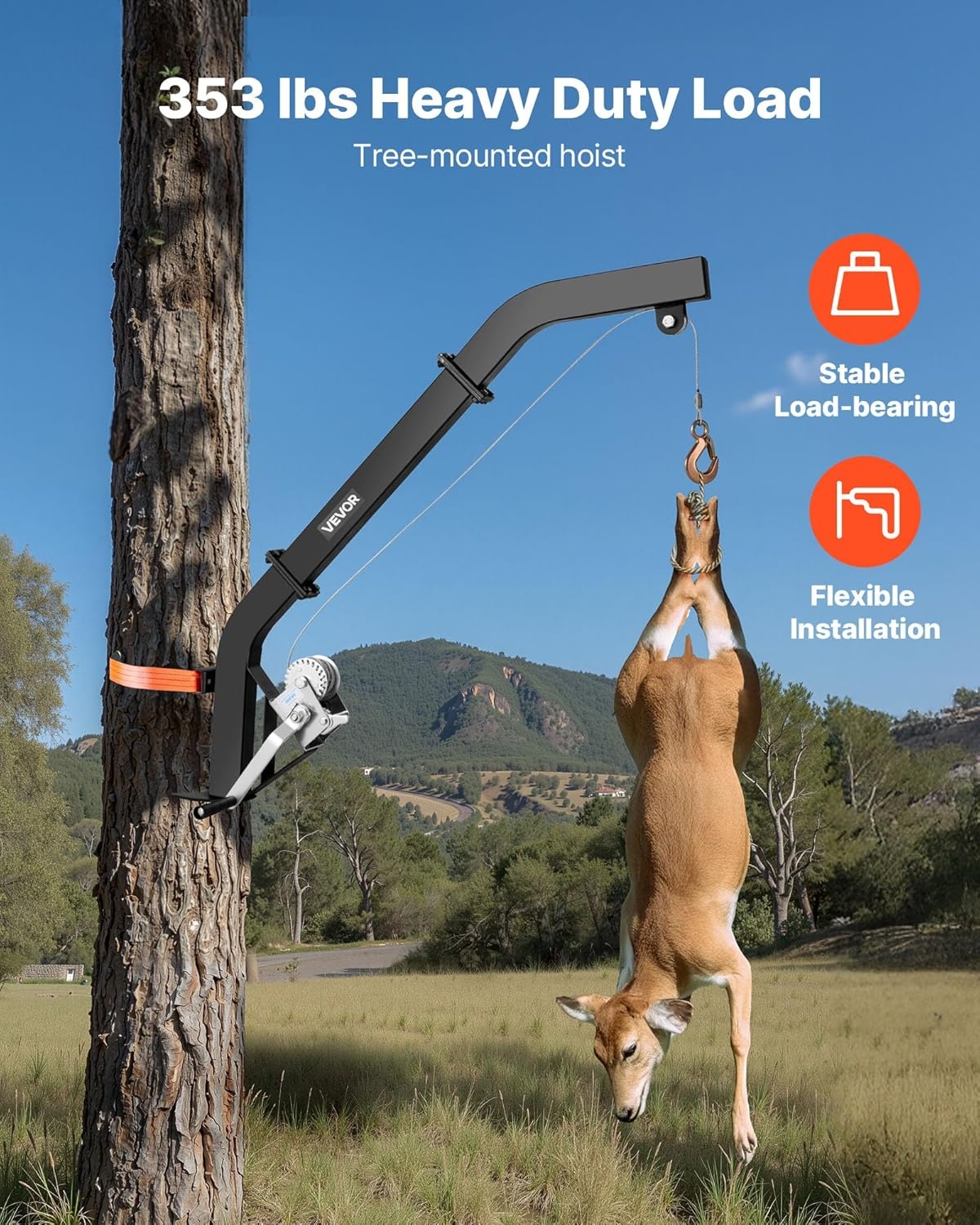 image:imageVEVOR Tree Mounted Deer Hoist 353 lbs Load Capacity Hunting Game Hoist Winch Lift with Ratchet Strap Heavy Duty Deer Hanger for Skinning Cleaning Hanging Feed and Field Dressing Black353 lbs