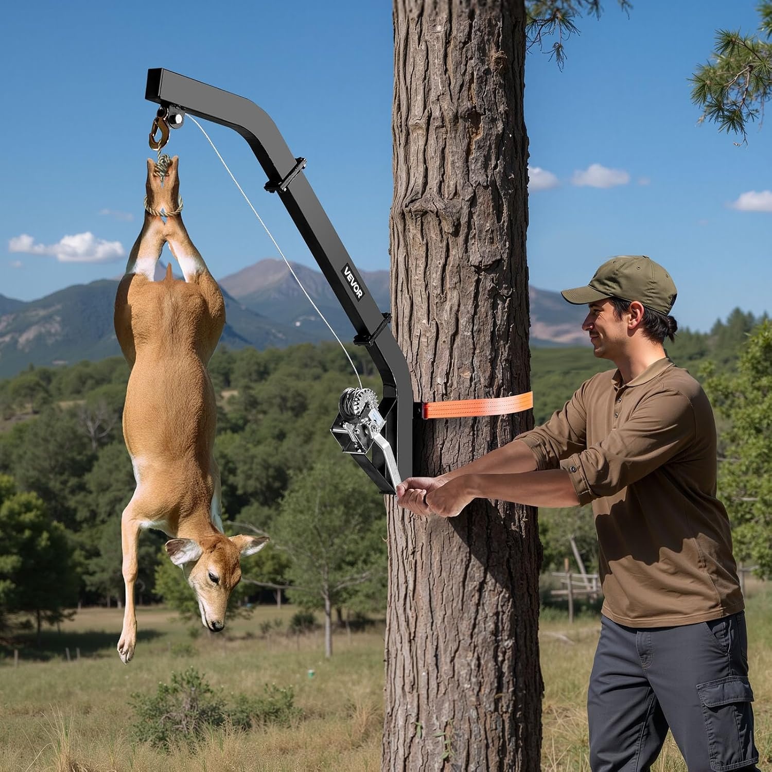 image:imageVEVOR Tree Mounted Deer Hoist 353 lbs Load Capacity Hunting Game Hoist Winch Lift with Ratchet Strap Heavy Duty Deer Hanger for Skinning Cleaning Hanging Feed and Field Dressing Black353 lbs