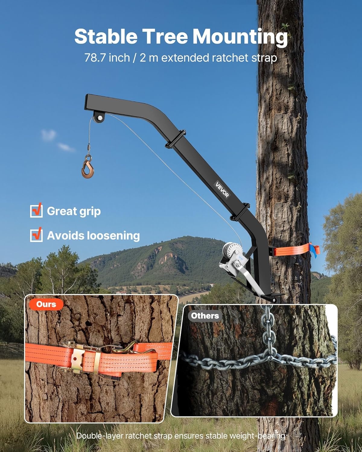 image:imageVEVOR Tree Mounted Deer Hoist 353 lbs Load Capacity Hunting Game Hoist Winch Lift with Ratchet Strap Heavy Duty Deer Hanger for Skinning Cleaning Hanging Feed and Field Dressing Black353 lbs
