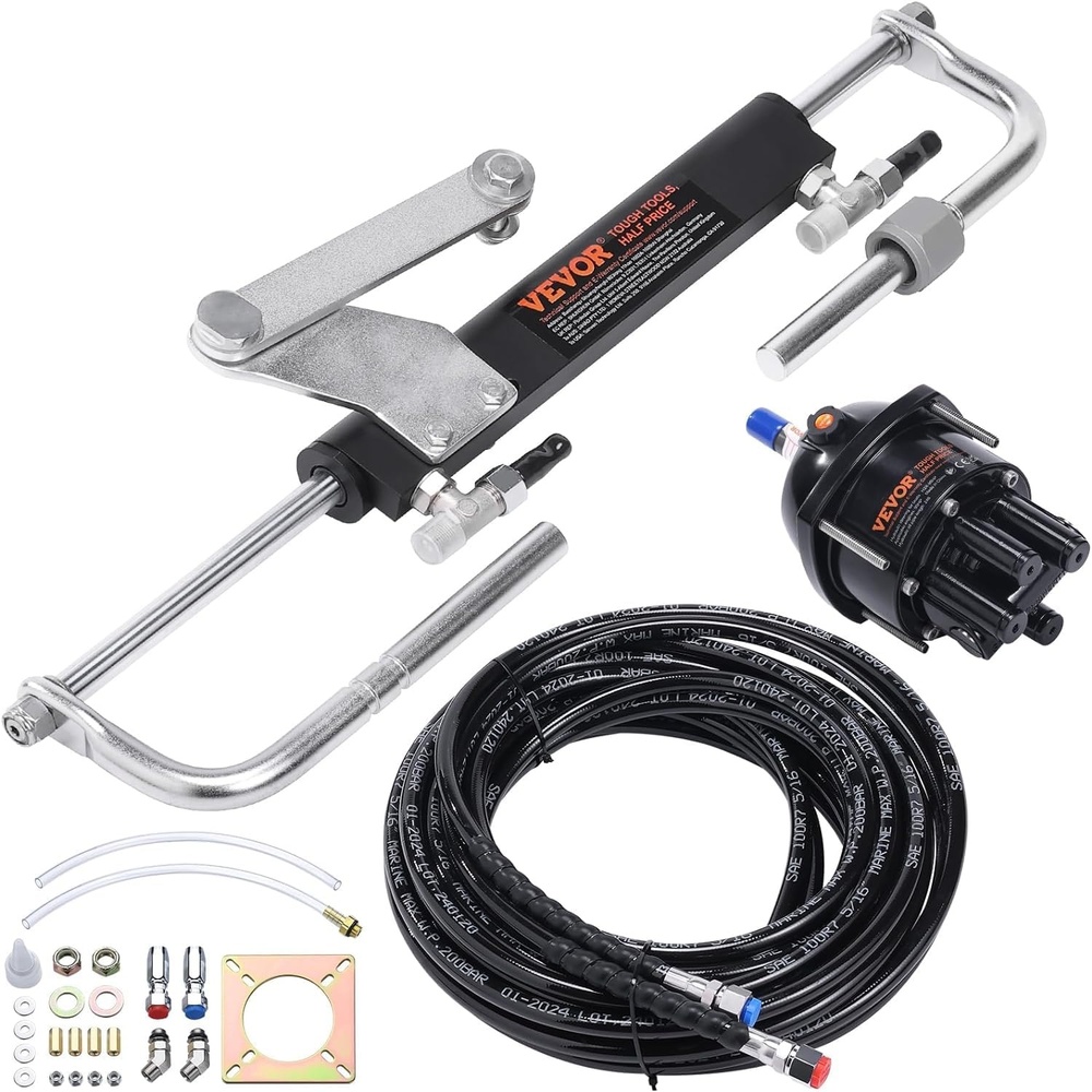 image:imageVEVOR 150HP Hydraulic Outboard Steering Kit Boat Marine System Builtin TwoWay Lock Cylinder 150HP Pump and HighStrength Nylon Hose for Single Station SingleEngine use  for Single Station SingleEngine Use 25 MPa  363 psi Helm Pump TwoWay Lock Cylinder with HighStrength Nylon Hoses90 HP 24 FT Hose