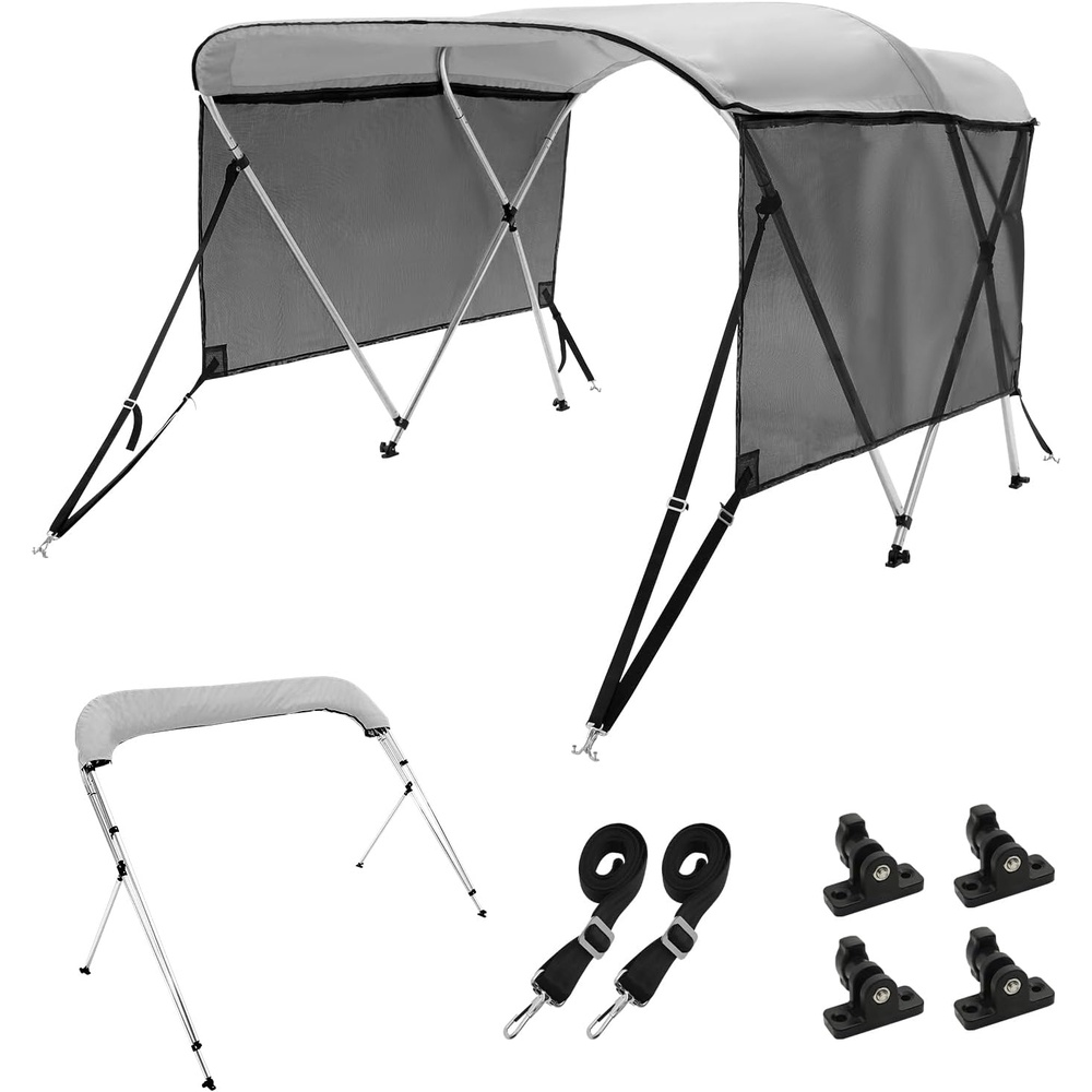 image:imageVEVOR 3 Bow Bimini Top Boat Cover Detachable Mesh Sidewalls 600D Polyester Canopy with 1 Aluminum Alloy Frame Includes Storage Boot 2 Support Poles 2 Straps 6L x 46 H x 6166 W Light Grey3 Bow 6L x 46 H x 6166 W