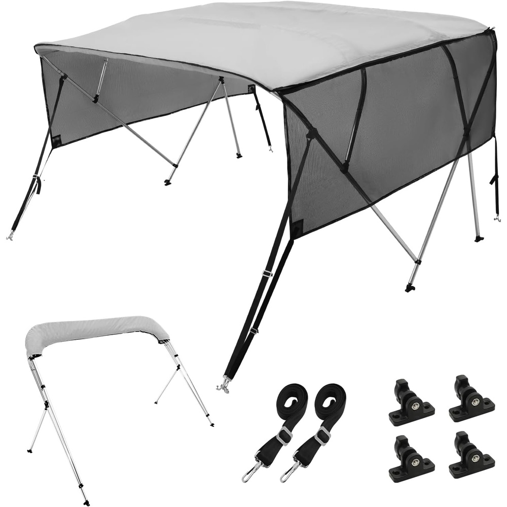 image:imageVEVOR 3 Bow Bimini Top Boat Cover Detachable Mesh Sidewalls 600D Polyester Canopy with 1 Aluminum Alloy Frame Includes Storage Boot 2 Support Poles 2 Straps 6L x 46 H x 6166 W Light Grey4 Bow 8L x 54 H x 7984 W