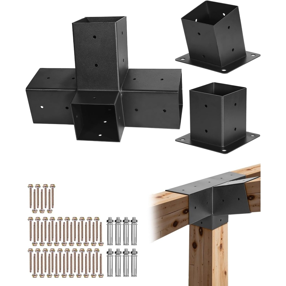 image:imageVEVOR 4Way Pergola Bracket Kit 6x6 2Pack Heavy Duty Corner Brackets for Wood Beams DIY Post Base Hardware with Easy Installation for Outdoor Gazebo Patio Log Cabin1PC 154Way1PC Wall Mount Base 44 SET