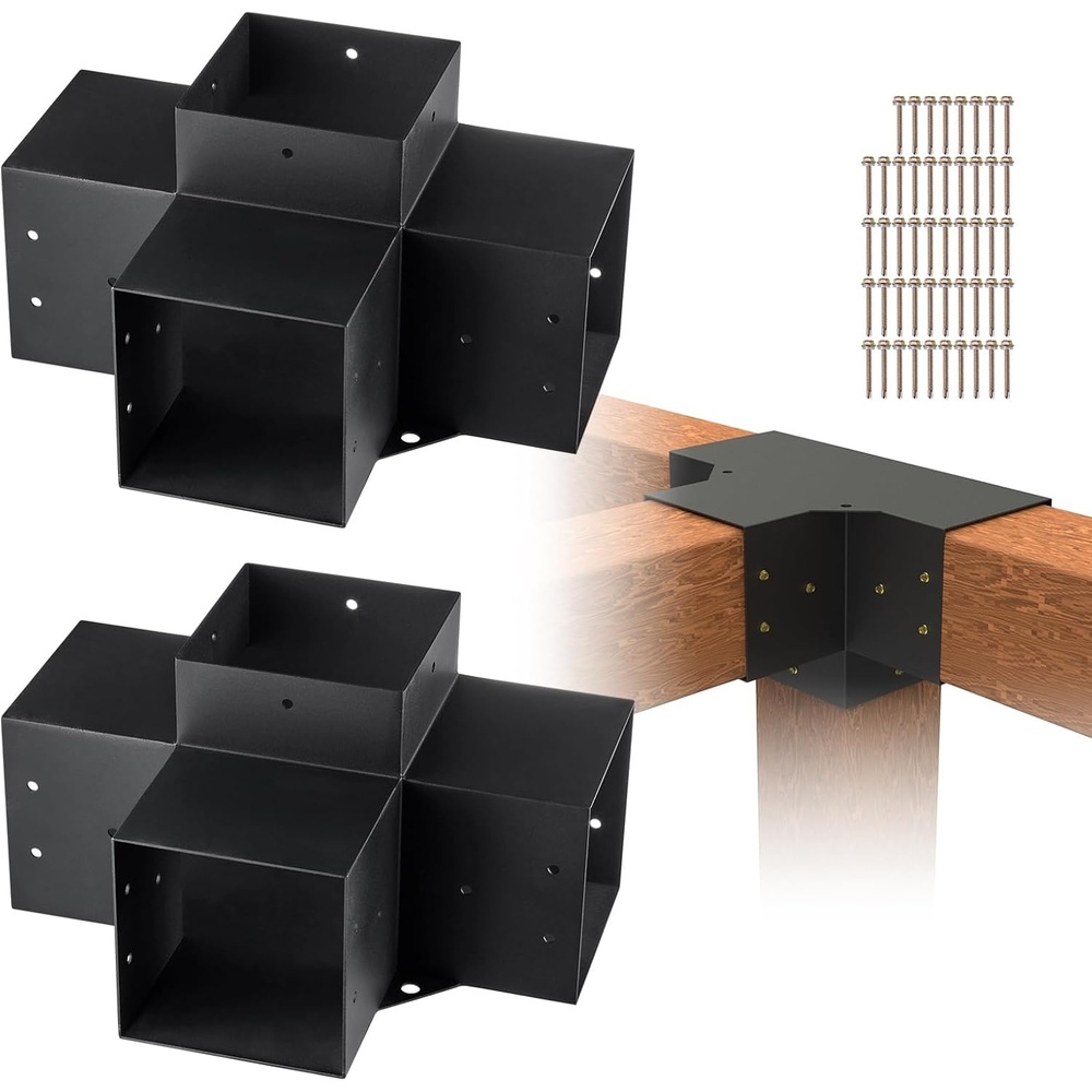 image:imageVEVOR 4Way Pergola Bracket Kit 6x6 2Pack Heavy Duty Corner Brackets for Wood Beams DIY Post Base Hardware with Easy Installation for Outdoor Gazebo Patio Log Cabin2PC 4Way 66