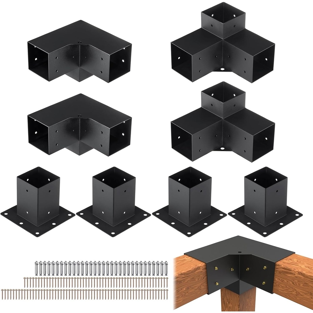image:imageVEVOR 4Way Pergola Bracket Kit 6x6 2Pack Heavy Duty Corner Brackets for Wood Beams DIY Post Base Hardware with Easy Installation for Outdoor Gazebo Patio Log Cabin8PC 3Way 44 SET
