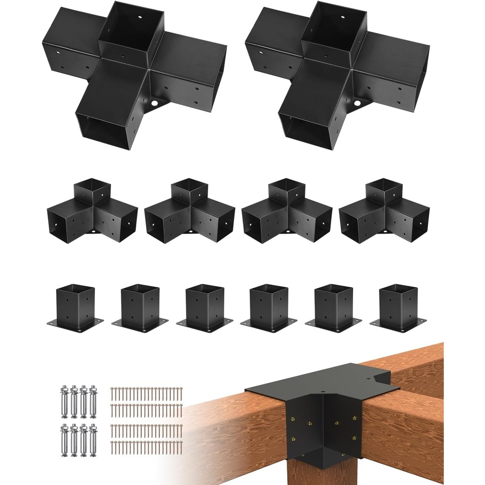 image:imageVEVOR 4Way Pergola Bracket Kit 6x6 2Pack Heavy Duty Corner Brackets for Wood Beams DIY Post Base Hardware with Easy Installation for Outdoor Gazebo Patio Log Cabin4P 3Way2P 4Way Bracket 6P Base