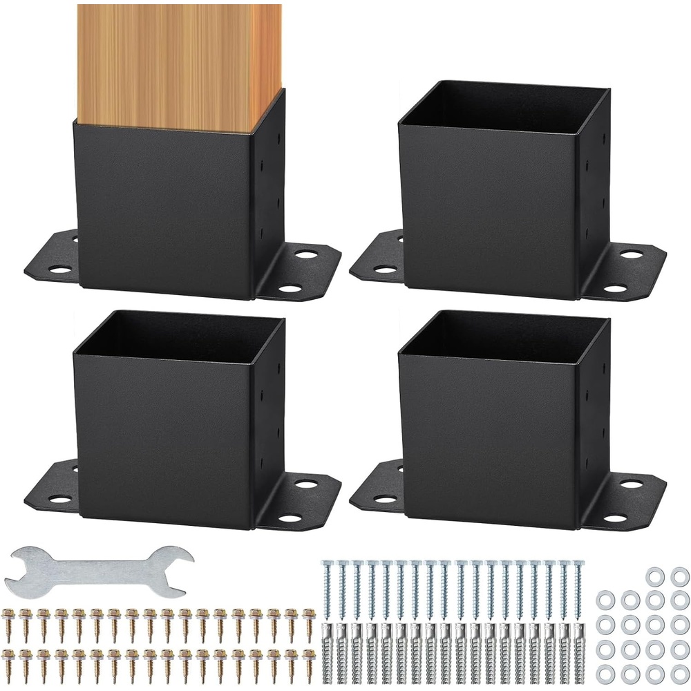 image:imageVEVOR 4x4 Post Base 2 Pcs Post Base Brackets Inner Size 36x36 Heavy Duty PowderCoated Post Anchor Matte Black Wood Post Brackets for Pavilion Deck Railing Support Deck Base Plate6x6 4pc