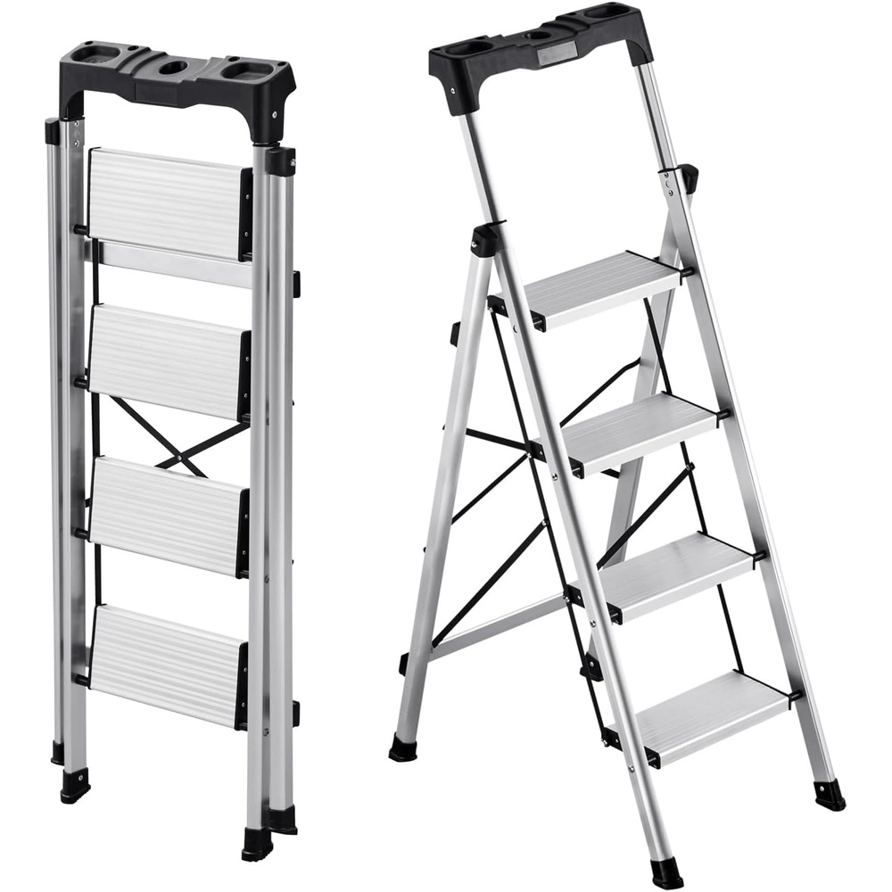 image:imageVEVOR 5 Step Ladder Folding Step Stool with Wide AntiSlip Pedal and Comfort Handgrip 330 lbs Capacity Portable Aluminum Stepladder MultiUse for Kitchen Warehouse Household and Office Silver4Step