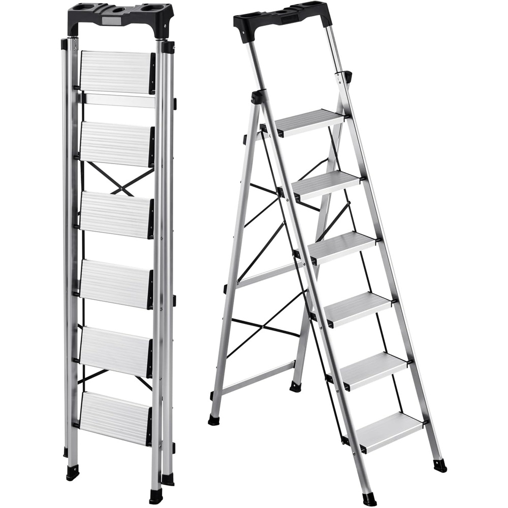image:imageVEVOR 5 Step Ladder Folding Step Stool with Wide AntiSlip Pedal and Comfort Handgrip 330 lbs Capacity Portable Aluminum Stepladder MultiUse for Kitchen Warehouse Household and Office Silver6Step